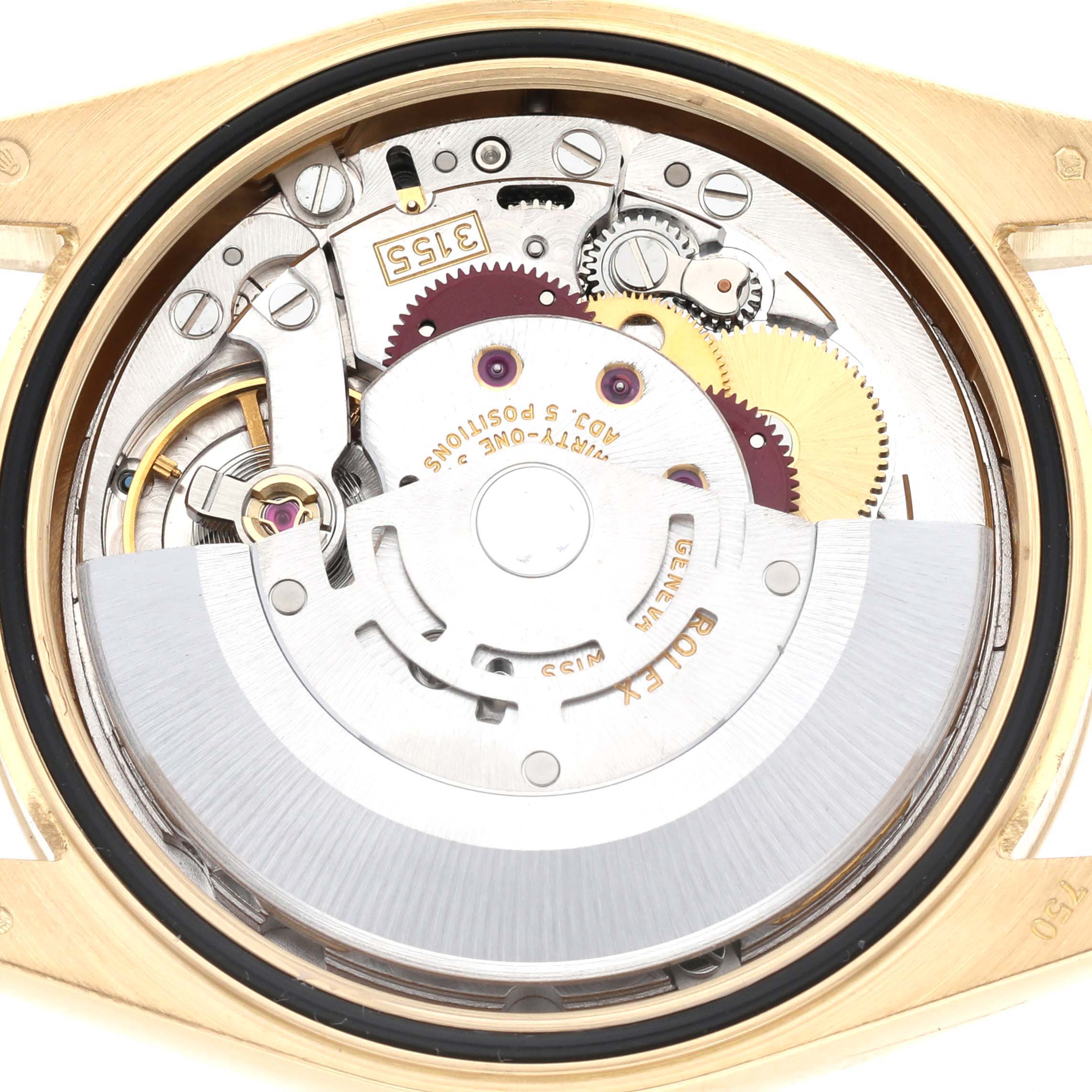 This image shows a close-up view of the movement inside a Rolex President 118238 Men
s Yellow Gold Champagne Dial 118238 Men
s Yellow Gold Champagne Dial watch model.