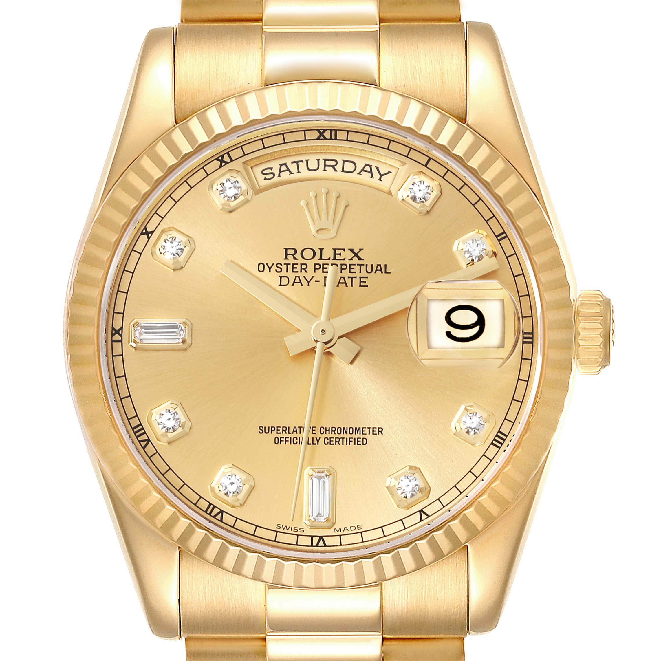This image shows a frontal view of the Rolex President 118238 Men
s Yellow Gold Champagne Dial 118238 Men
s Yellow Gold Champagne Dial Day-Date model, highlighting its dial, bezel, and bracelet.