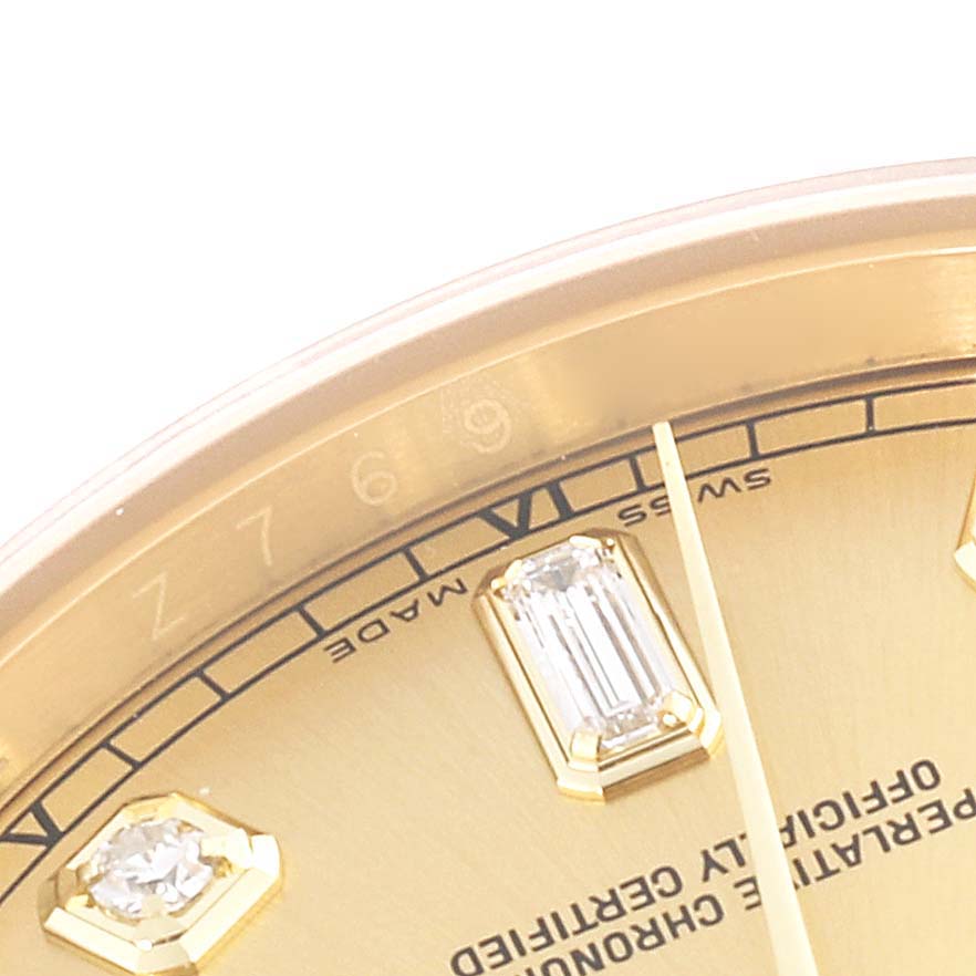 The image shows a close-up of the dial and bezel of a Rolex President 118238 Men
s Yellow Gold Champagne Dial 118238 Men
s Yellow Gold Champagne Dial model watch, featuring diamond hour markers.