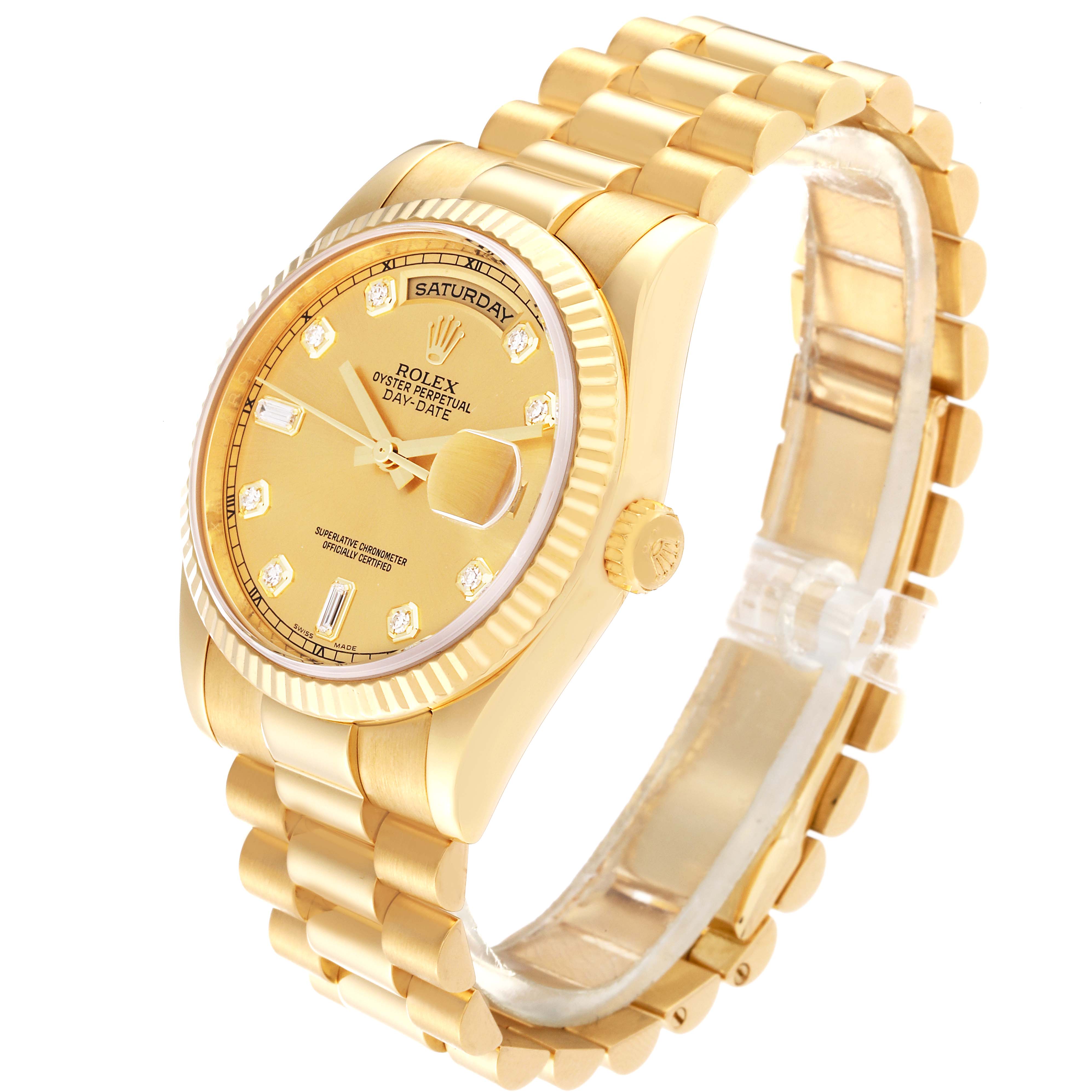 This is a Rolex President 118238 Men
s Yellow Gold Champagne Dial 118238 Men
s Yellow Gold Champagne Dial model watch shown at a slight angle, displaying the face, bracelet, and part of the crown.