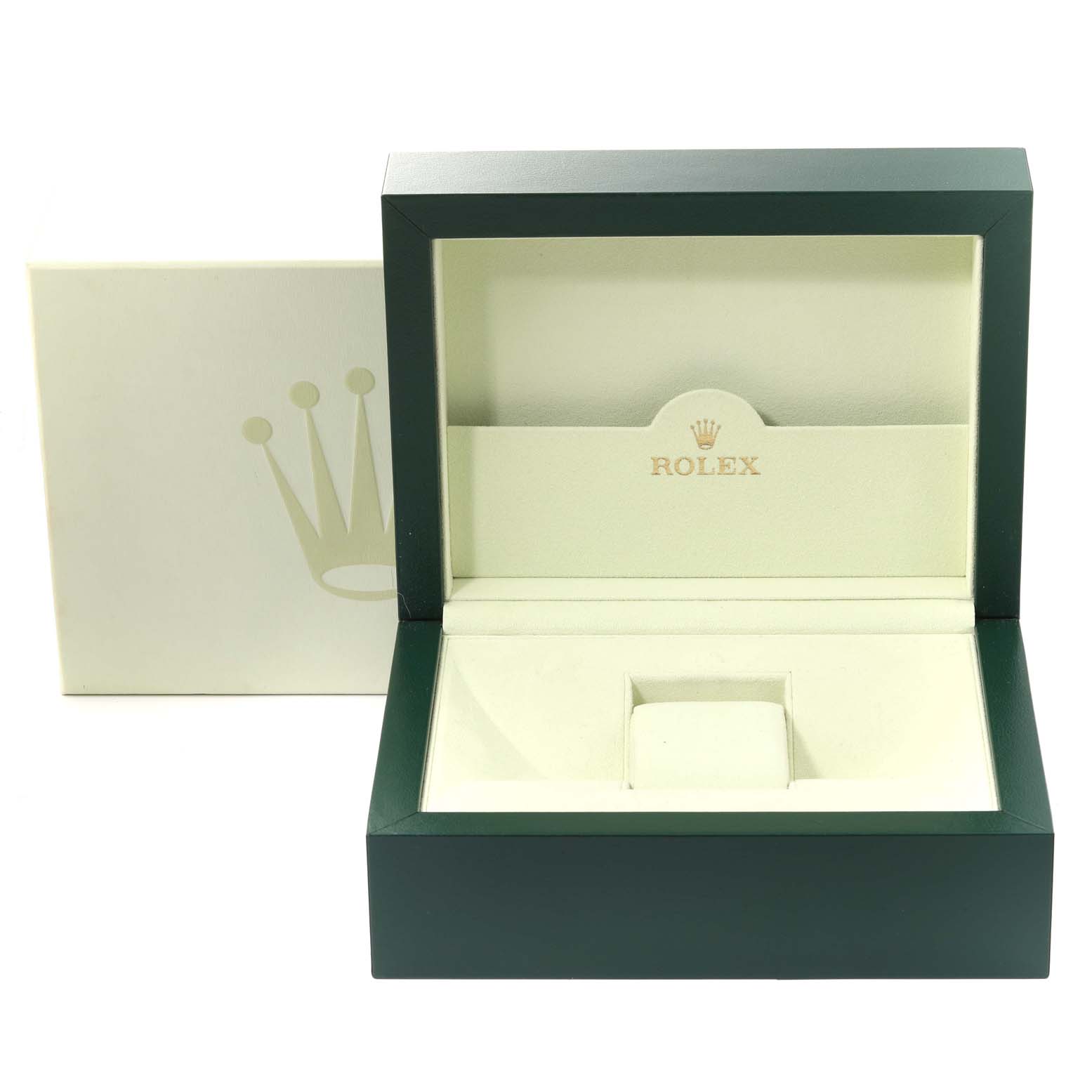 This image shows an open Rolex watch box for a President model, displaying the inner cushion and logo.