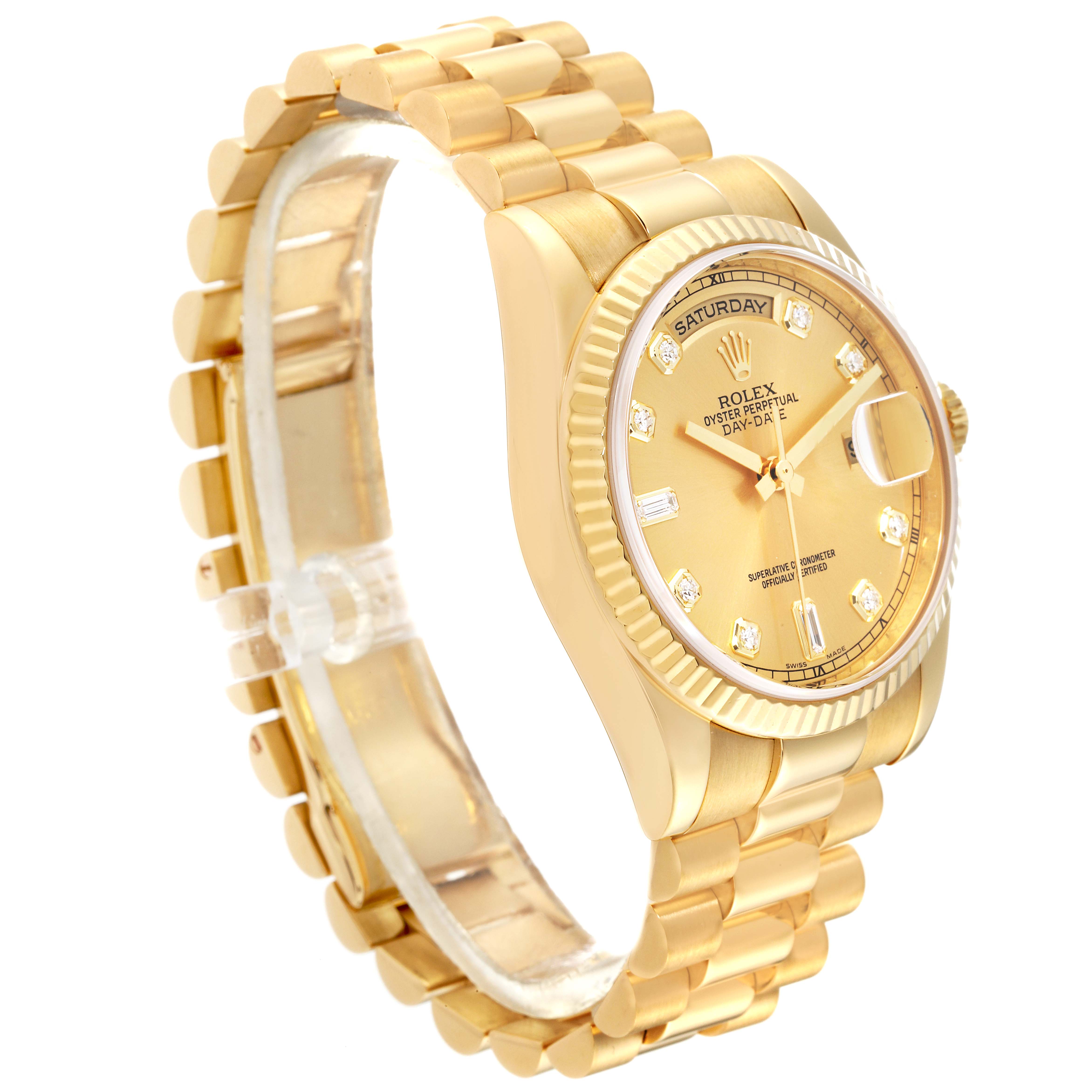 This image shows a Rolex President 118238 Men
s Yellow Gold Champagne Dial 118238 Men
s Yellow Gold Champagne Dial model watch at an oblique angle, highlighting its gold bracelet, dial, and fluted bezel.