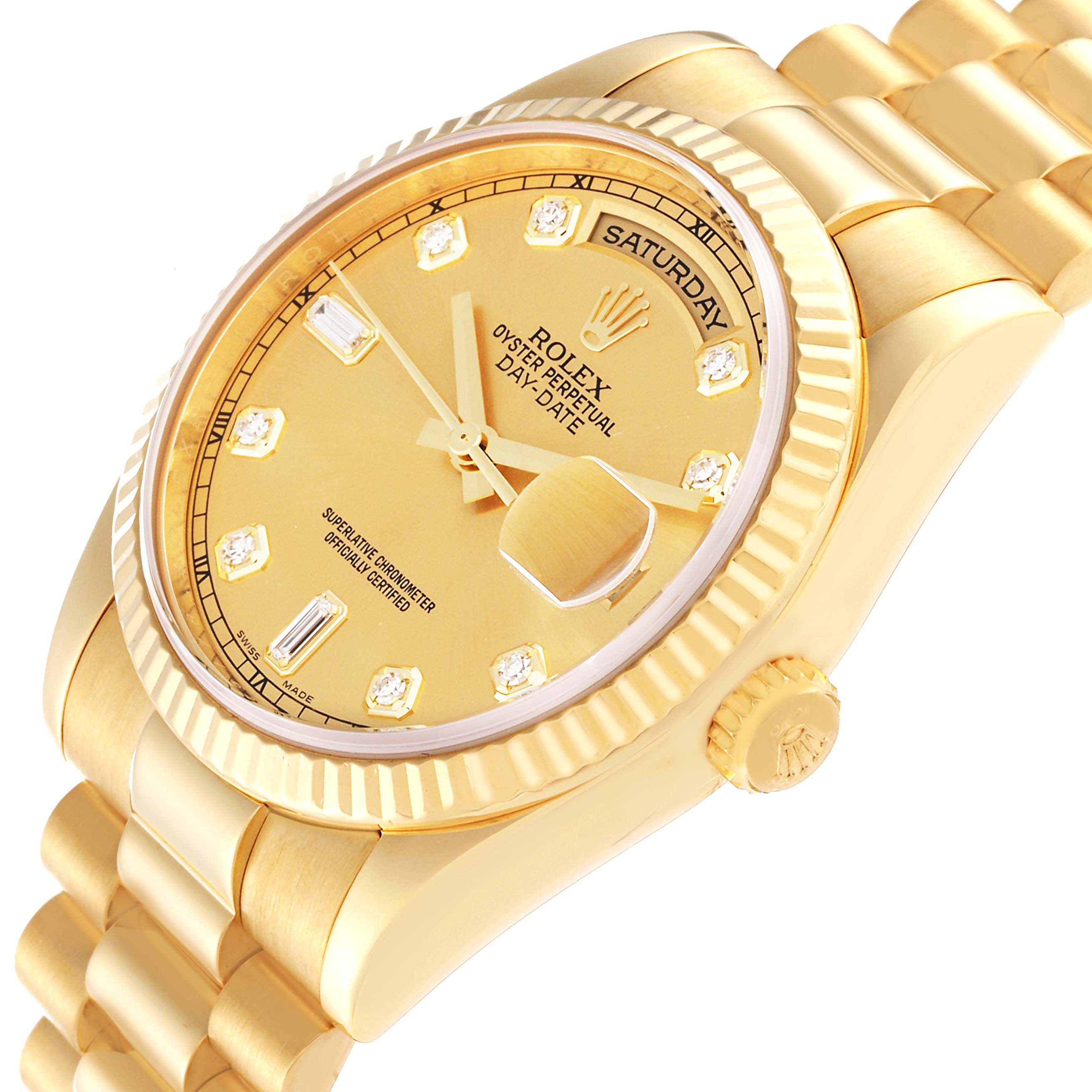 This image shows the face and partial bracelet of a Rolex President 118238 Men
s Yellow Gold Champagne Dial 118238 Men
s Yellow Gold Champagne Dial model watch at an angle.