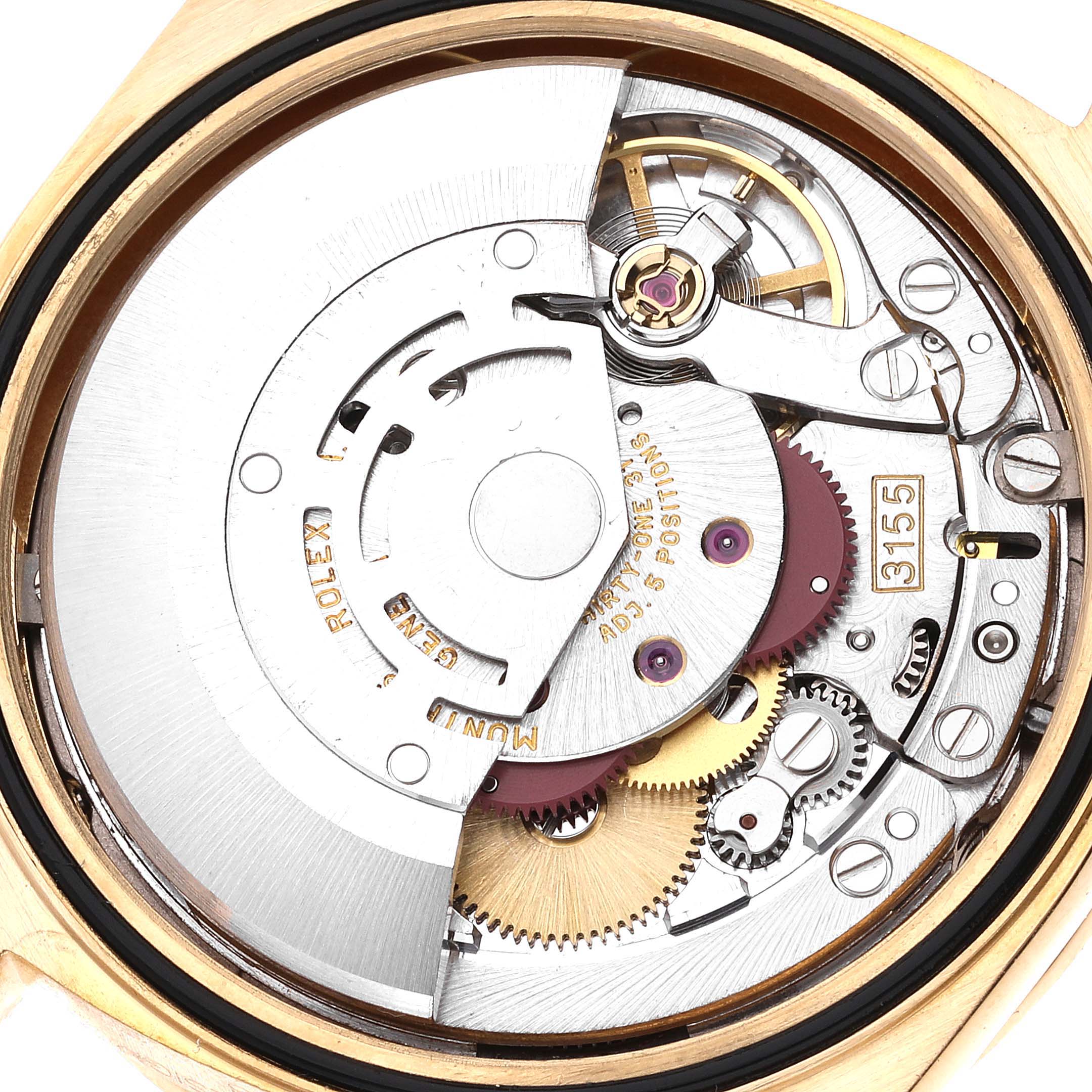 This image shows the internal mechanism of a Rolex President 18388 Men
s Yellow Gold Champagne Dial 18388 Men
s Yellow Gold Champagne Dial model watch, including gears and the rotor.