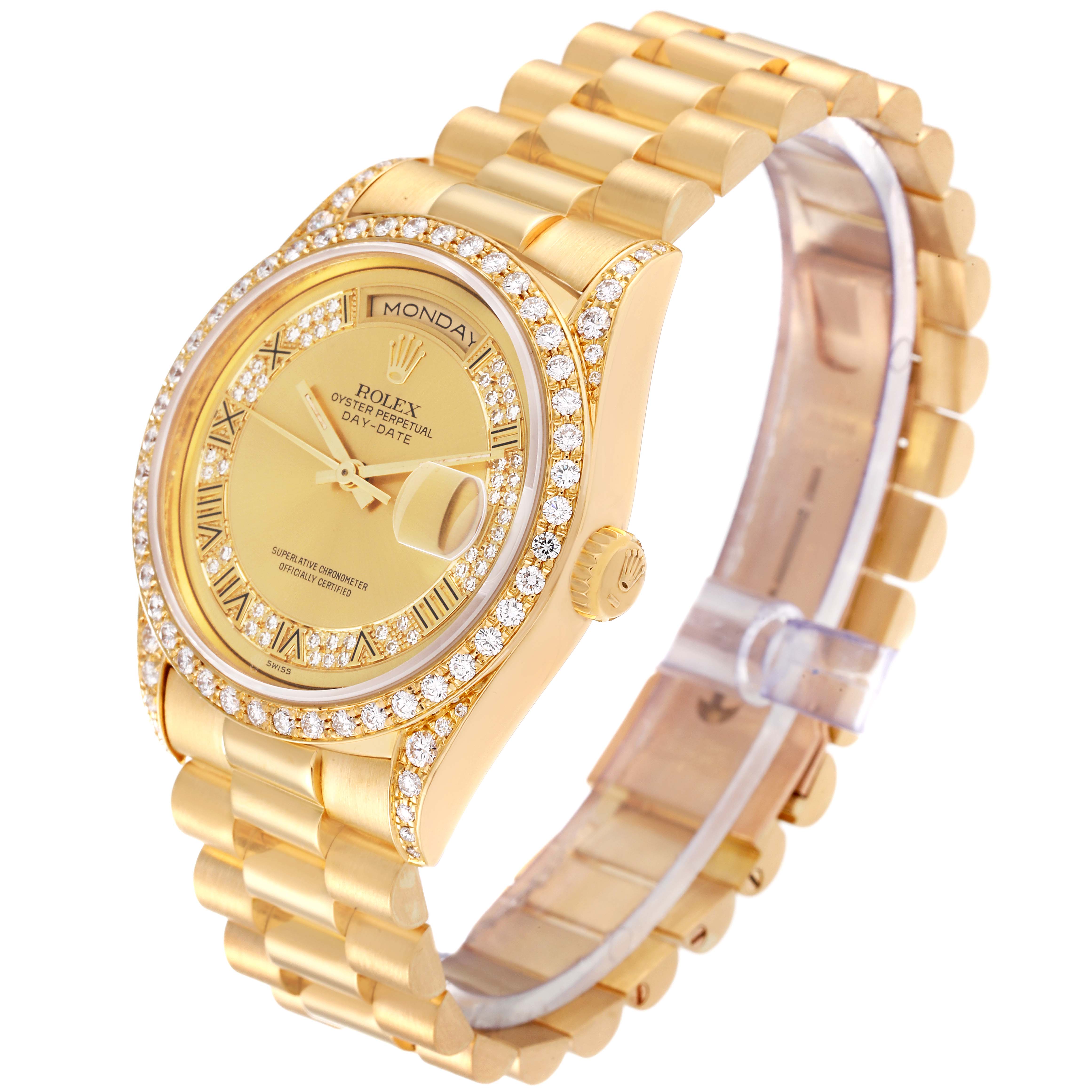 The image shows a Rolex President 18388 Men
s Yellow Gold Champagne Dial 18388 Men
s Yellow Gold Champagne Dial model watch at a three-quarter angle, highlighting the dial, bezel, and bracelet.