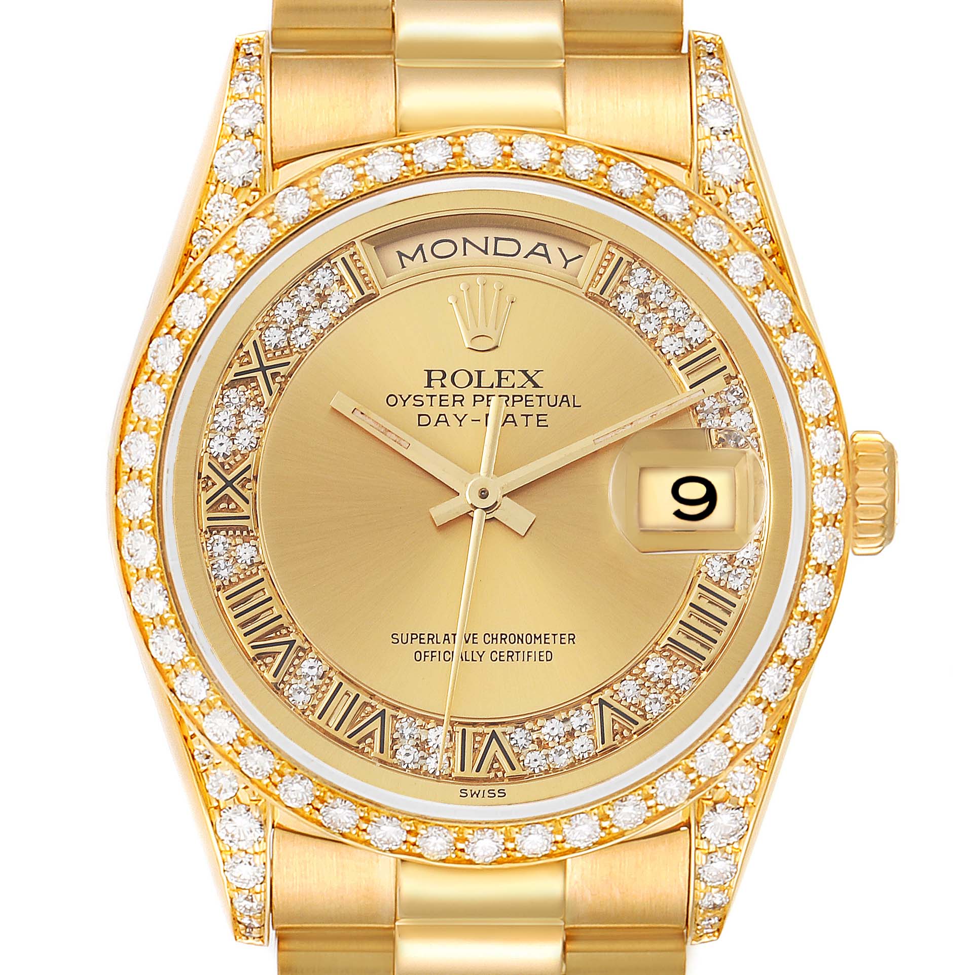 This image shows a frontal view of a Rolex President 18388 Men
s Yellow Gold Champagne Dial 18388 Men
s Yellow Gold Champagne Dial model watch with a gold case and diamond-encrusted bezel and dial.
