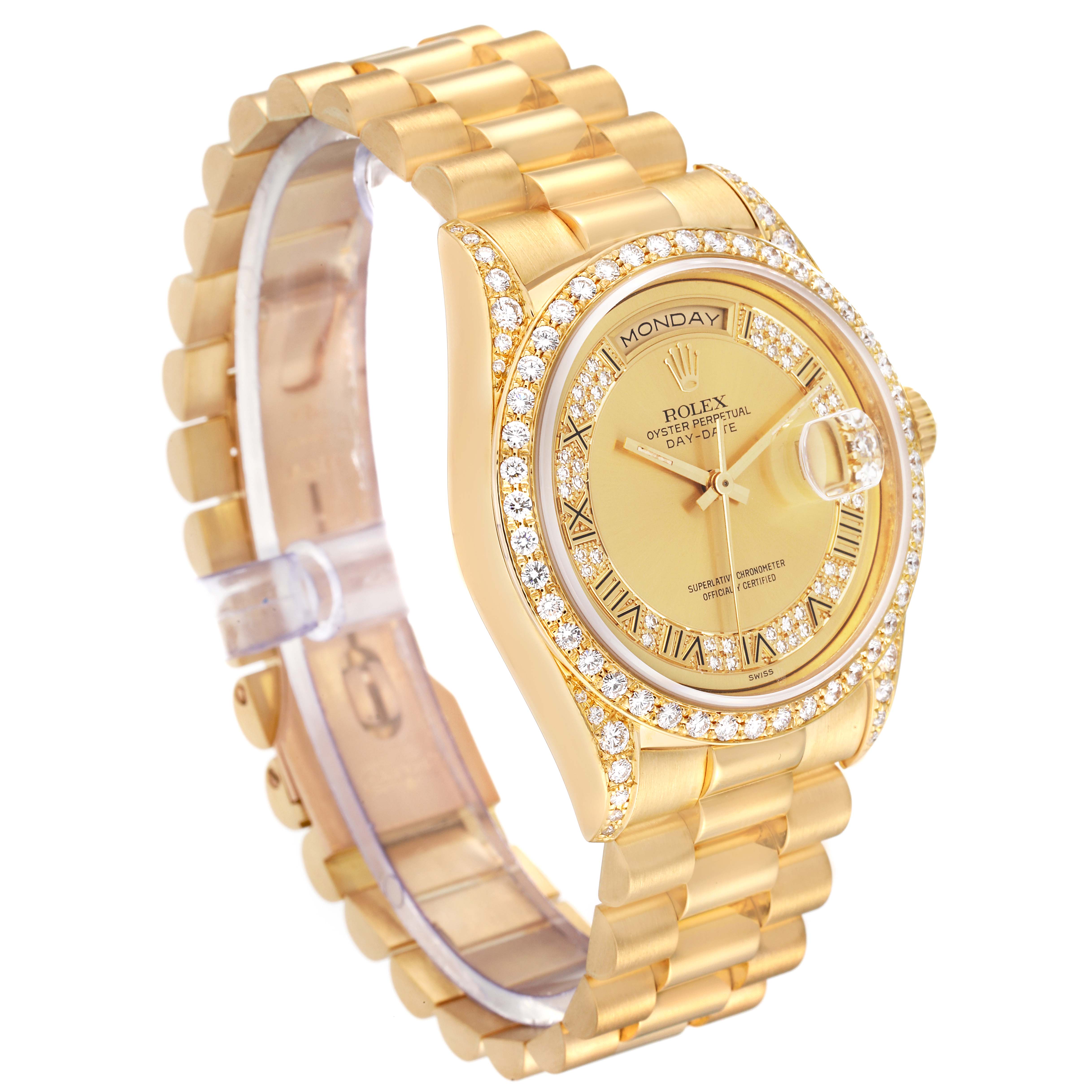 The Rolex President 18388 Men
s Yellow Gold Champagne Dial 18388 Men
s Yellow Gold Champagne Dial model watch is shown at a three-quarter view, displaying the face, bezel, crown, and bracelet.