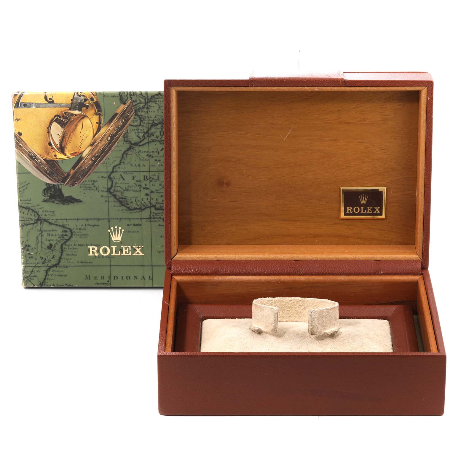 The image shows an opened Rolex President 18388 Men
s Yellow Gold Champagne Dial 18388 Men
s Yellow Gold Champagne Dial model watch box and its outer packaging, viewed from the front.