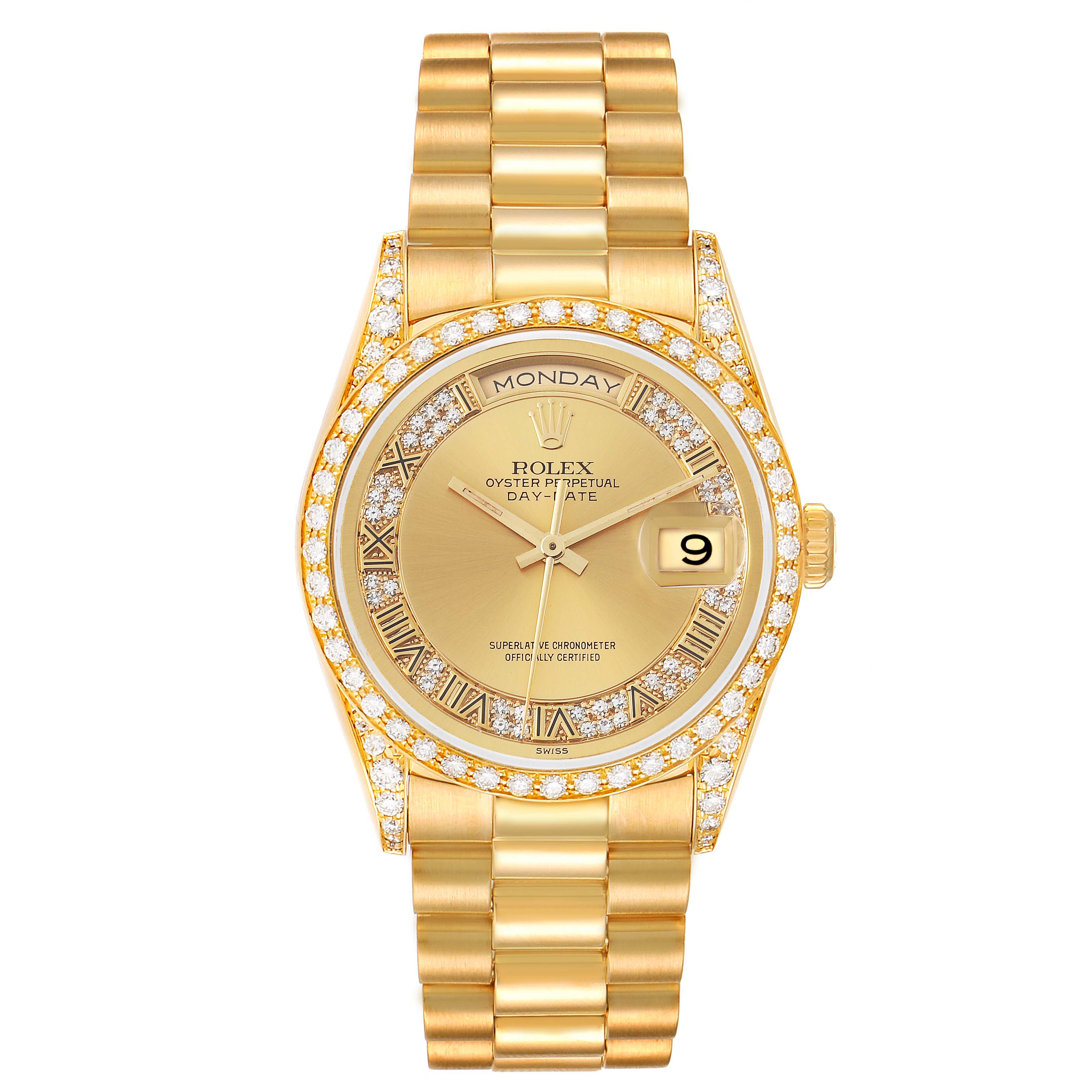 This image shows a front view of a Rolex President 18388 Men
s Yellow Gold Champagne Dial 18388 Men
s Yellow Gold Champagne Dial model watch, highlighting its dial, bezel, and bracelet.