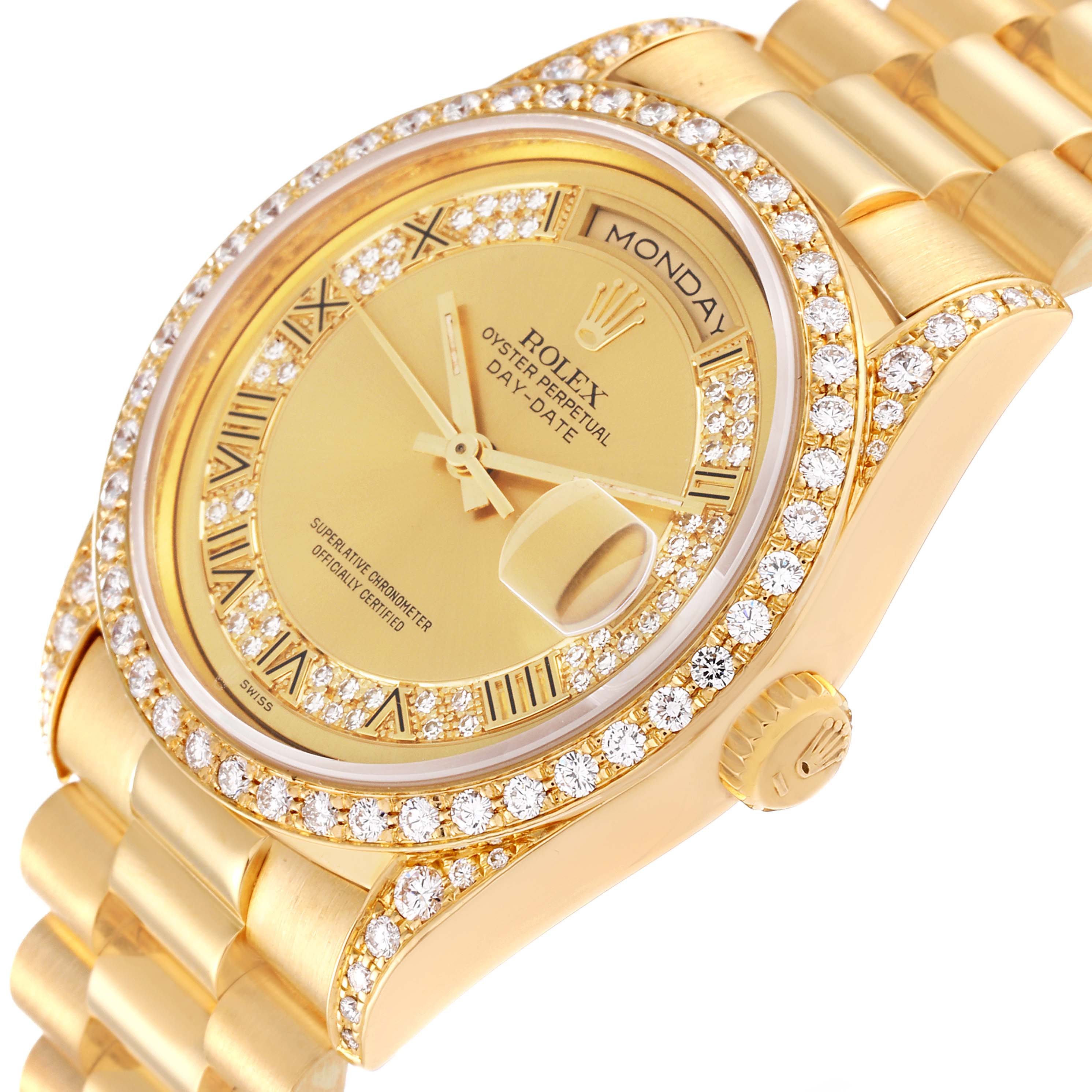 This image shows a close-up of the Rolex President 18388 Men
s Yellow Gold Champagne Dial 18388 Men
s Yellow Gold Champagne Dial model, highlighting its gold case, bracelet, and diamond-encrusted bezel and dial.