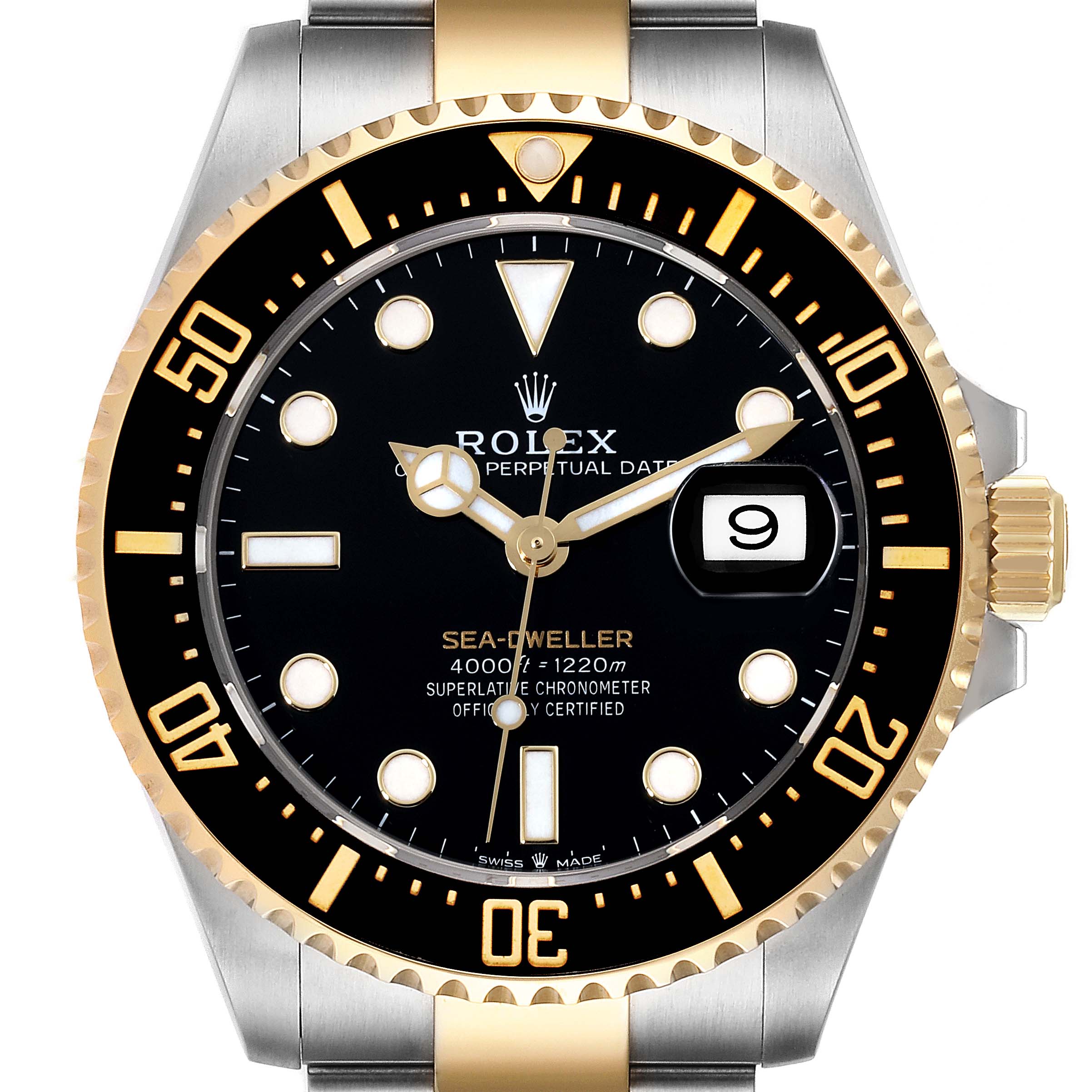 This image shows a front view of the Rolex Sea-Dweller 126603 Men's Steel and Gold (two tone) Black Dial 126603 Men's Steel and Gold (two tone) Black Dial watch, highlighting its black dial, gold accents, and date window.