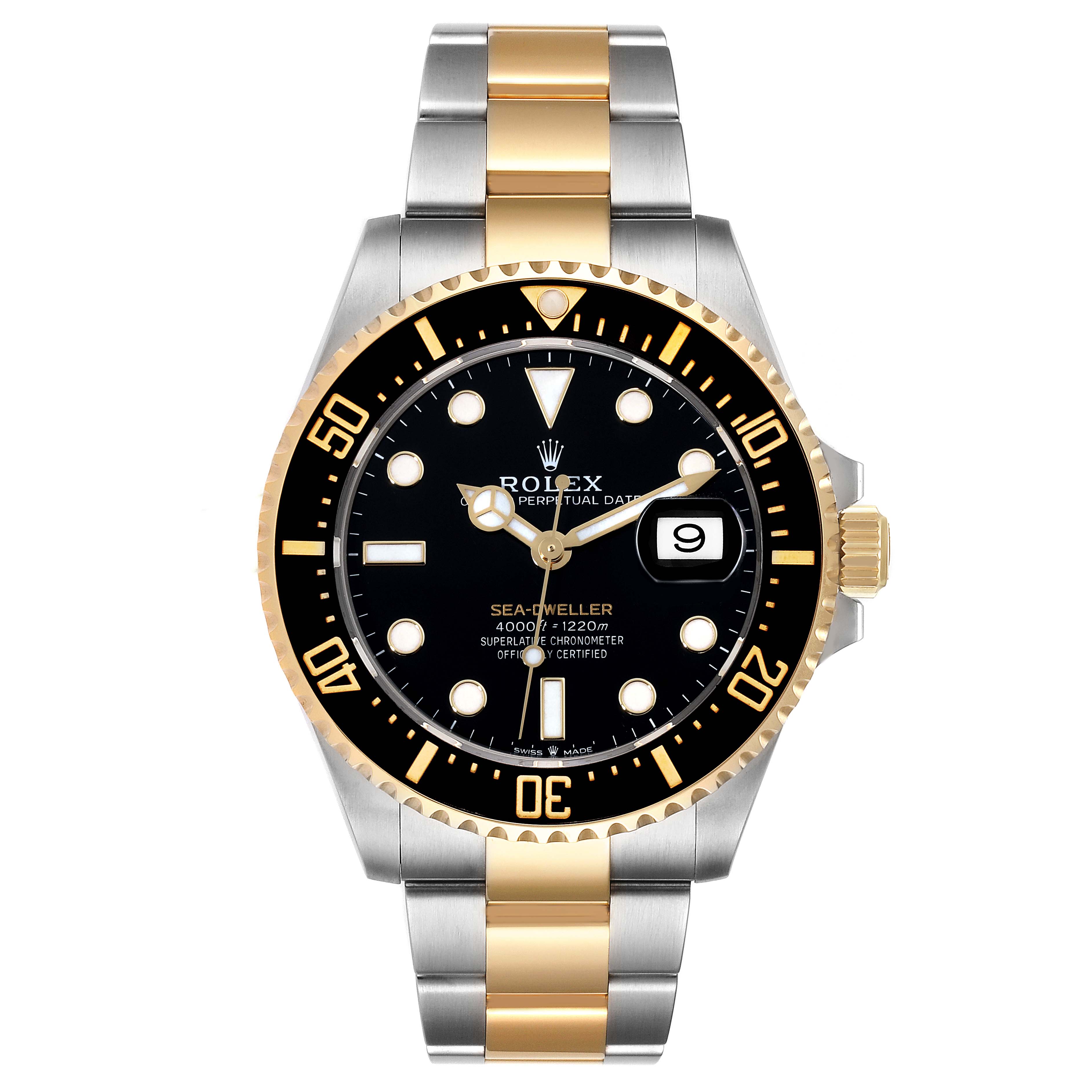 The image shows a Rolex Sea-Dweller 126603 Men's Steel and Gold (two tone) Black Dial 126603 Men's Steel and Gold (two tone) Black Dial watch with a stainless steel and gold bracelet, black dial, and date indicator at the 3 o'clock position.