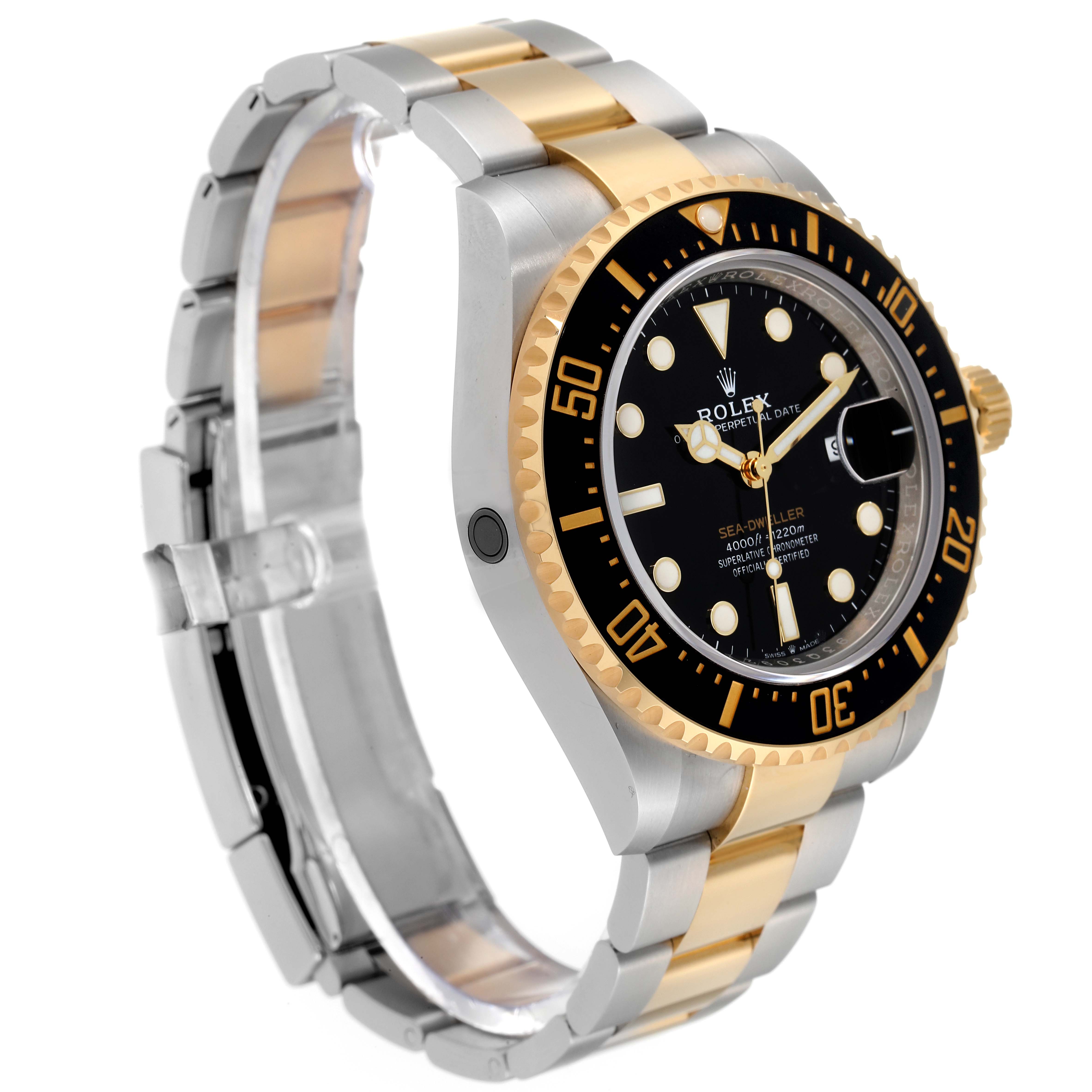 The image shows a side view of the Rolex Sea-Dweller 126603 Men's Steel and Gold (two tone) Black Dial 126603 Men's Steel and Gold (two tone) Black Dial watch highlighting the bezel, dial, bracelet, and crown.