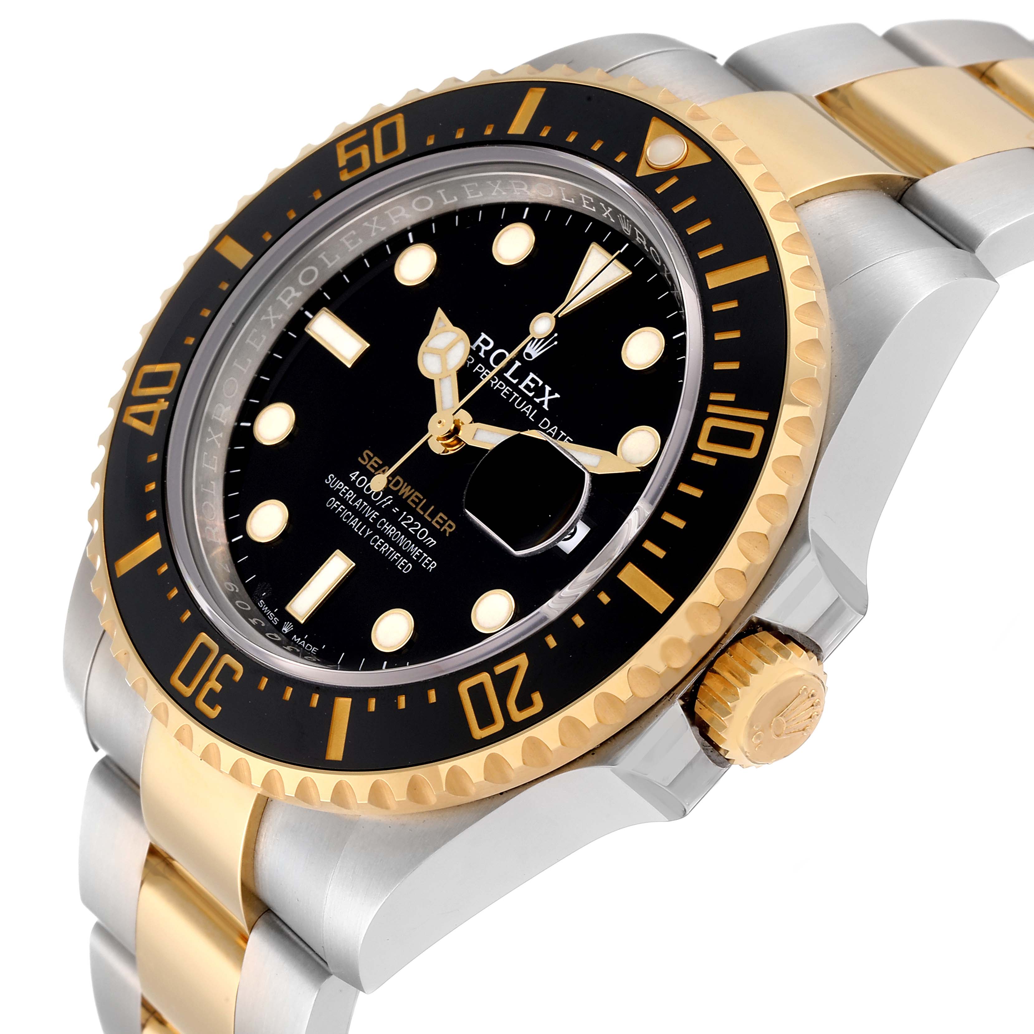The image shows a close-up of the Rolex Sea-Dweller 126603 Men's Steel and Gold (two tone) Black Dial 126603 Men's Steel and Gold (two tone) Black Dial watch from an angled side view, highlighting the dial, bezel, and bracelet.