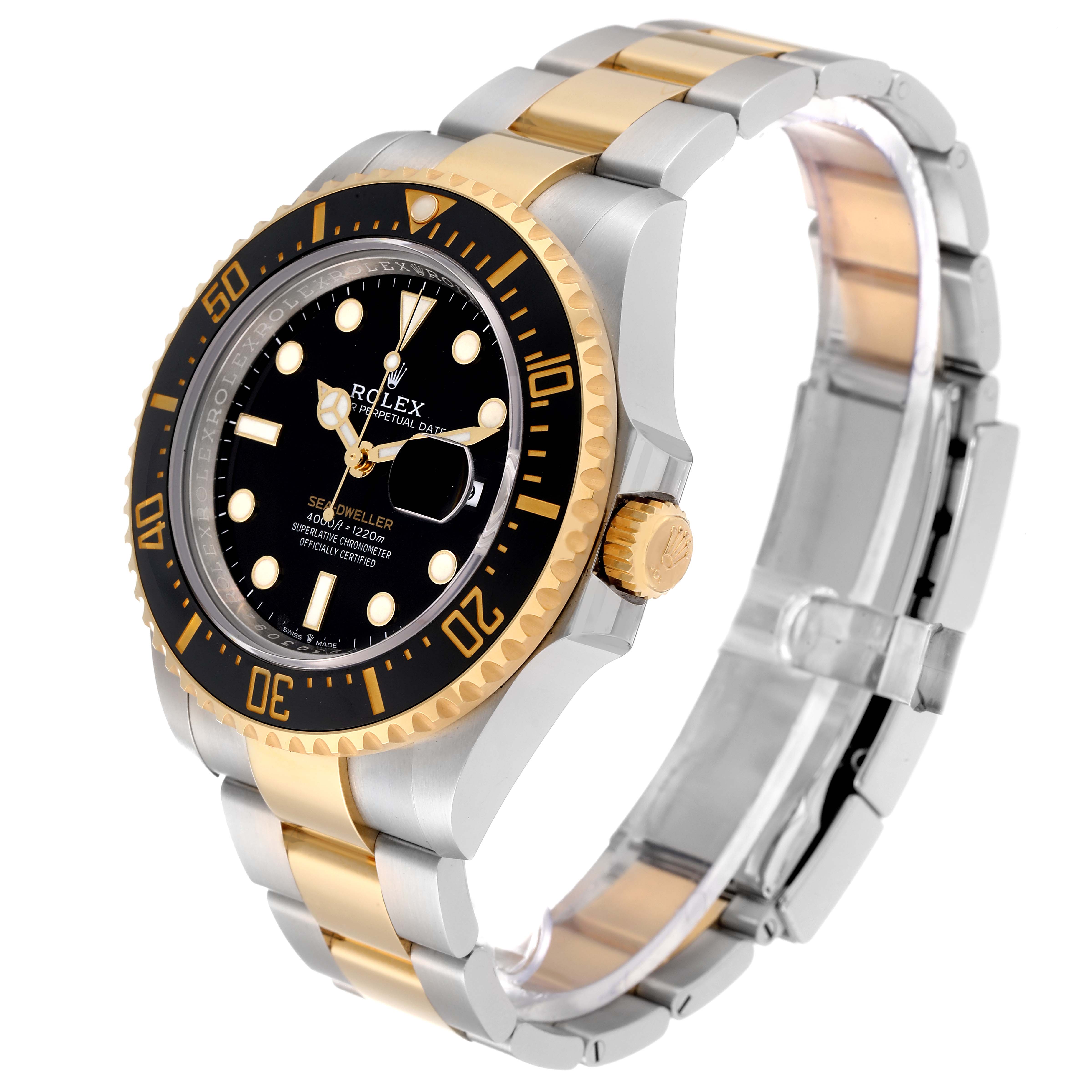 The image shows a side-angle view of the Rolex Sea-Dweller 126603 Men's Steel and Gold (two tone) Black Dial 126603 Men's Steel and Gold (two tone) Black Dial watch, highlighting its black dial, gold accents, and two-tone bracelet.