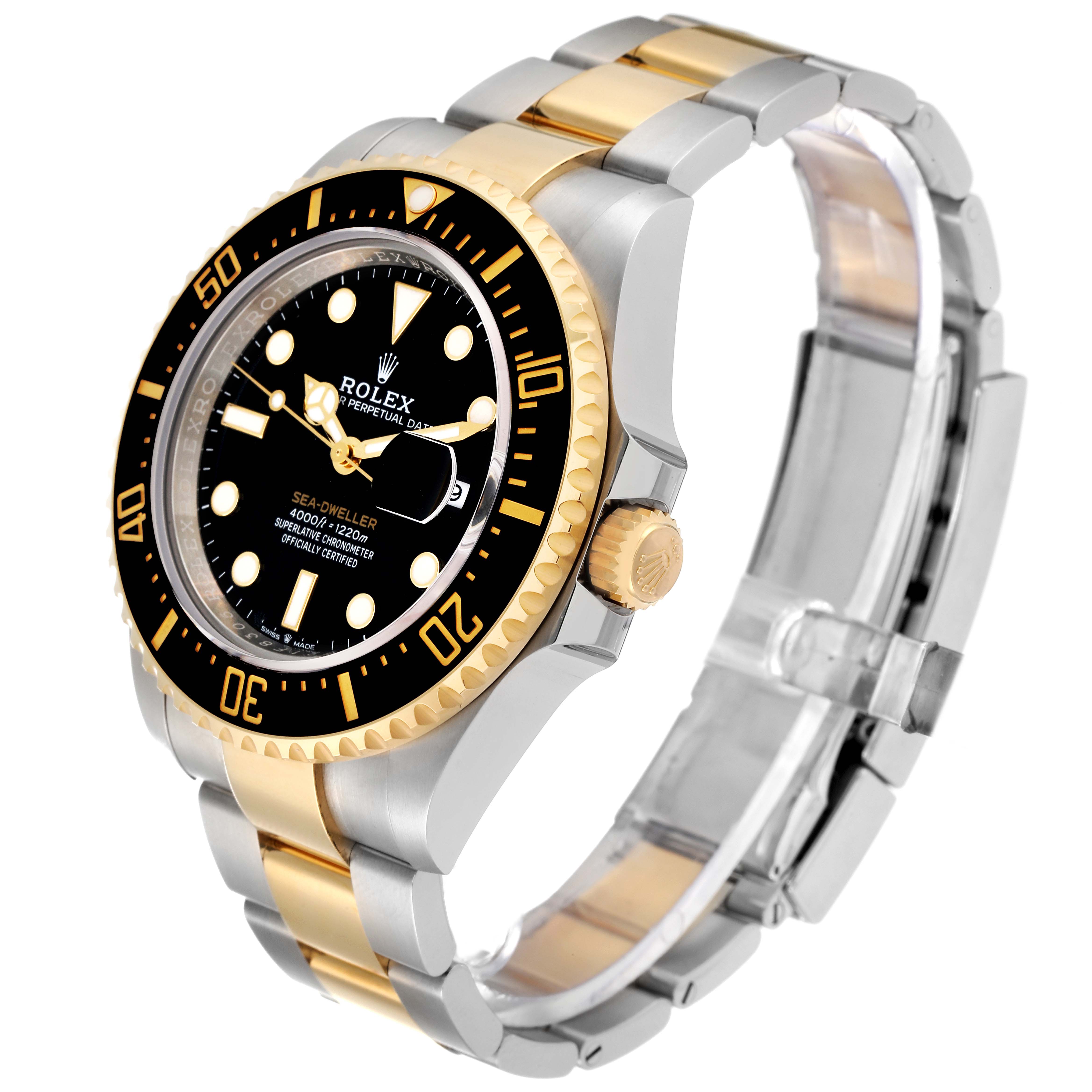The image shows a side view of the Rolex Sea-Dweller 126603 Men
s Steel and Gold (two tone) Black Dial 126603 Men
s Steel and Gold (two tone) Black Dial watch displaying the bezel, crown, and part of the bracelet.