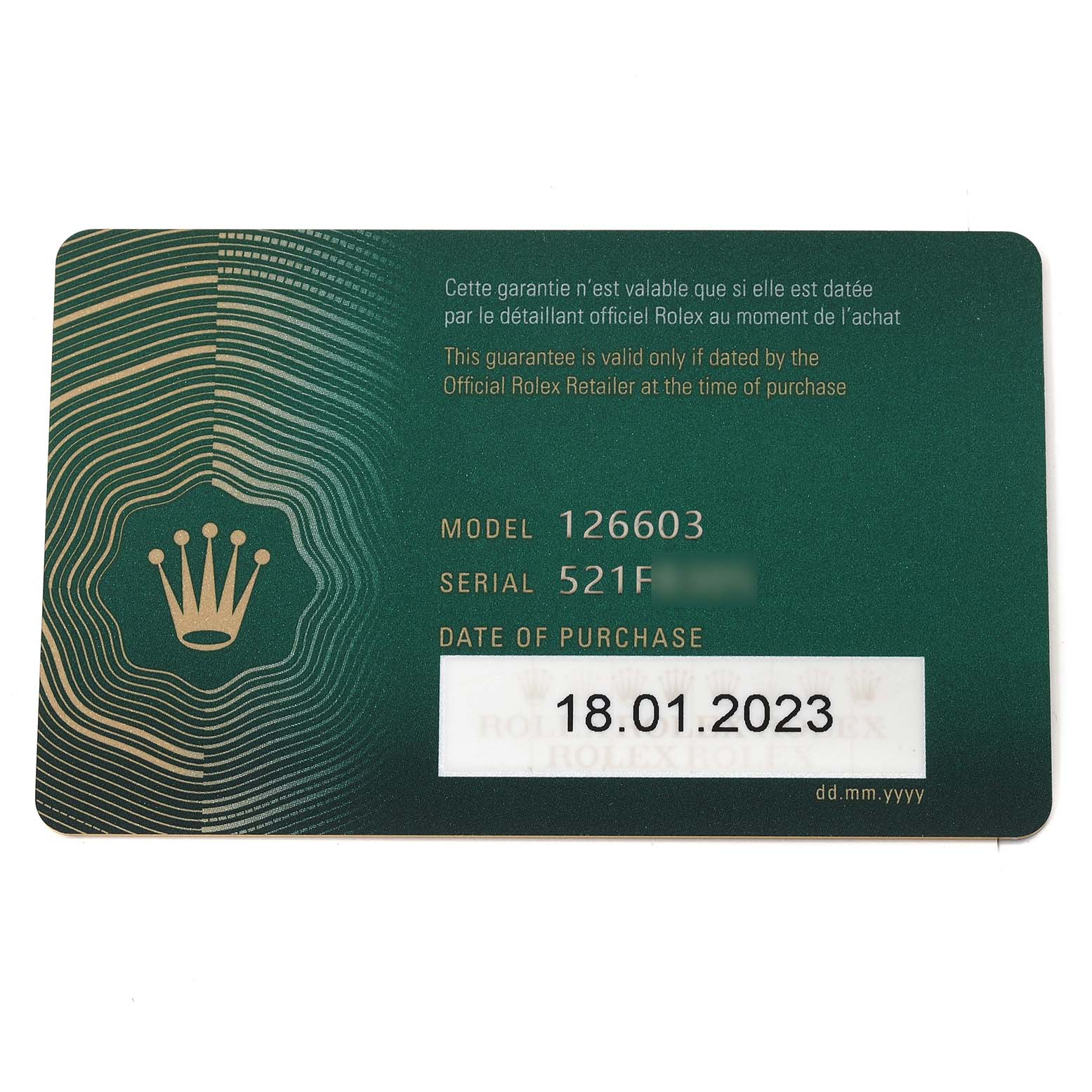 The image shows a warranty card for the Rolex Sea-Dweller 126603 Men
s Steel and Gold (two tone) Black Dial 126603 Men
s Steel and Gold (two tone) Black Dial model, featuring the model number, serial number, and date of purchase.