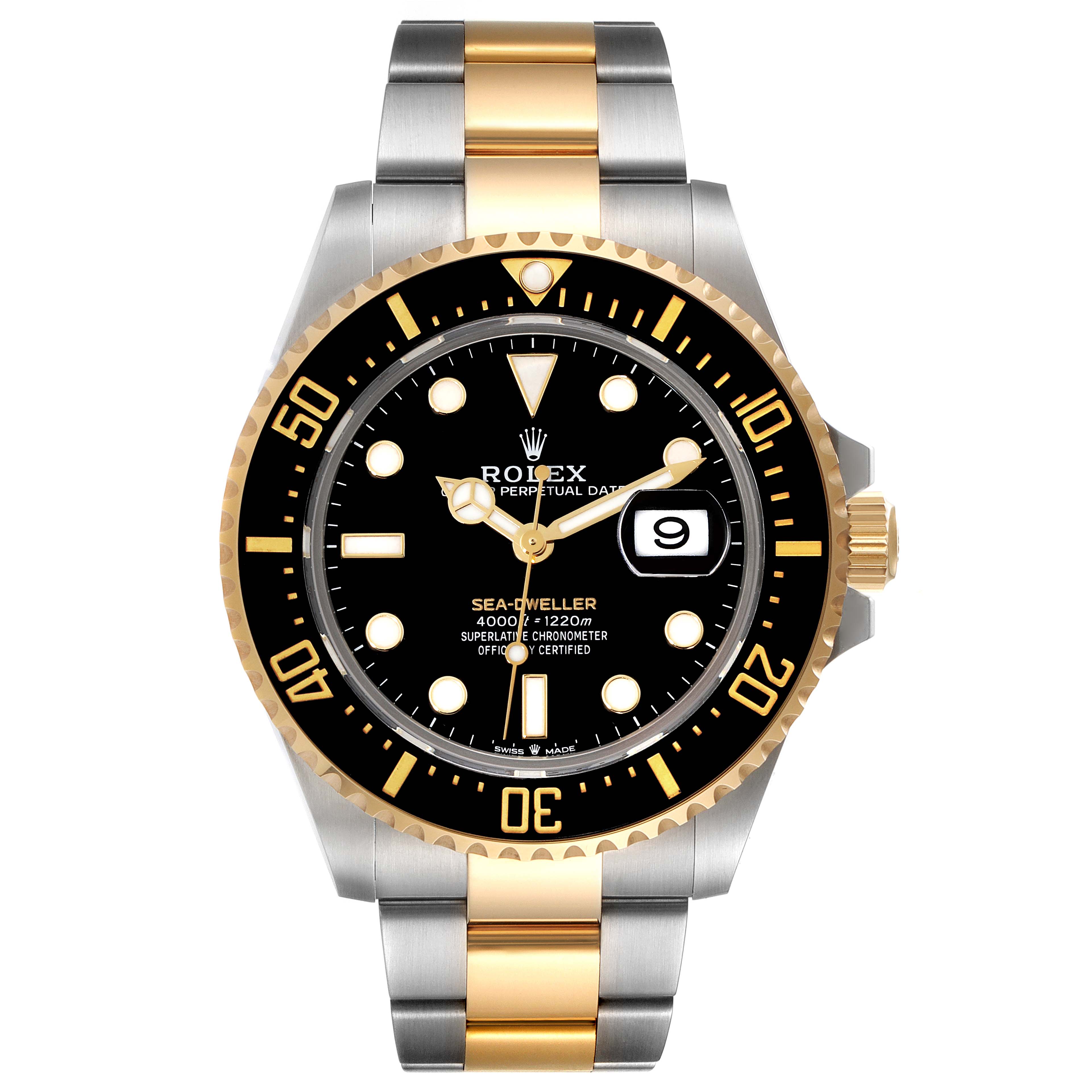 This image shows the front view of a Rolex Sea-Dweller 126603 Men
s Steel and Gold (two tone) Black Dial 126603 Men
s Steel and Gold (two tone) Black Dial watch, highlighting the dial, bezel, and two-tone bracelet.