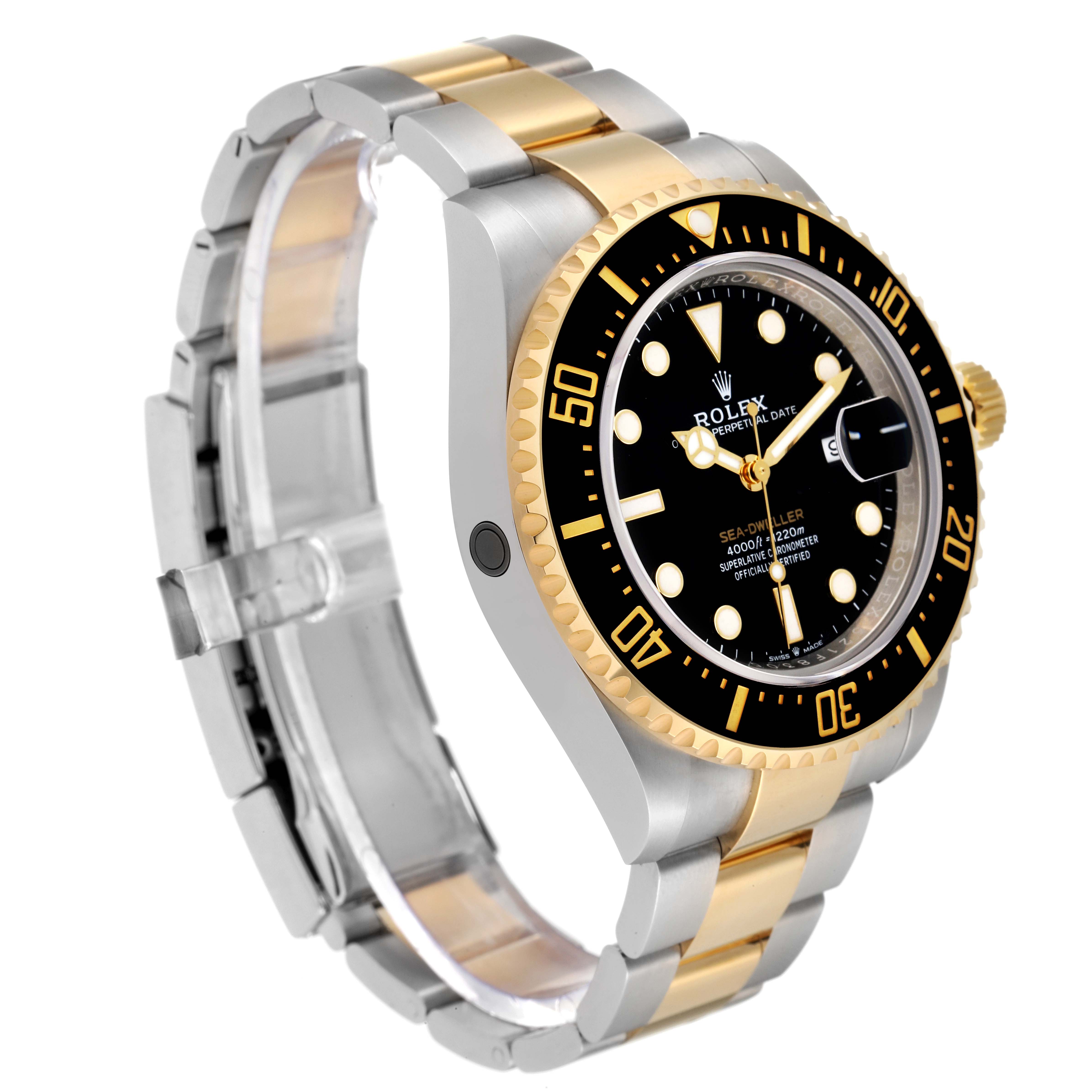 The Rolex Sea-Dweller 126603 Men
s Steel and Gold (two tone) Black Dial 126603 Men
s Steel and Gold (two tone) Black Dial watch is shown from an angled perspective, highlighting its face, bezel, crown, and two-tone bracelet.
