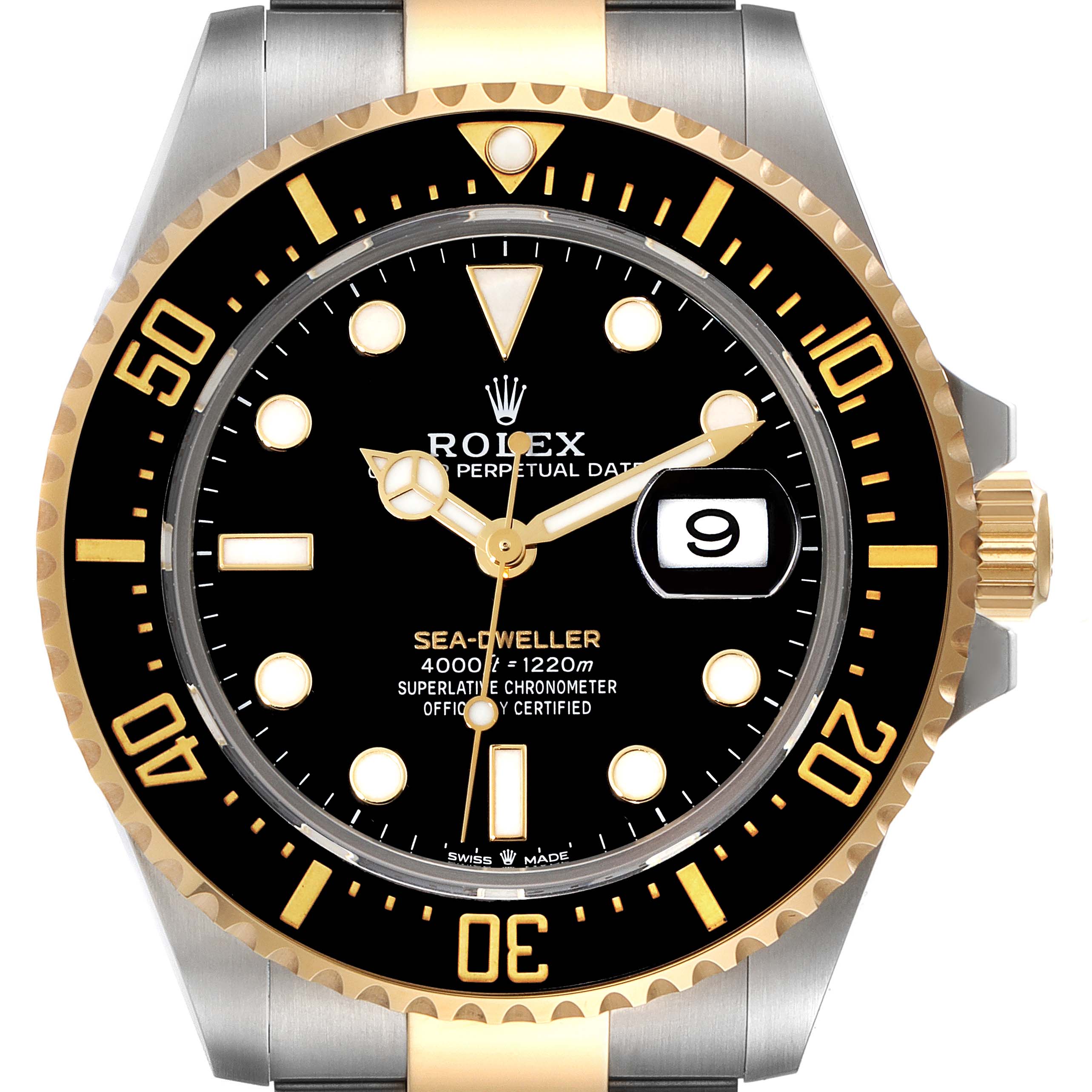 The image shows a front view of the Rolex Sea-Dweller 126603 Men
s Steel and Gold (two tone) Black Dial 126603 Men
s Steel and Gold (two tone) Black Dial watch, highlighting the bezel, dial, and date window.