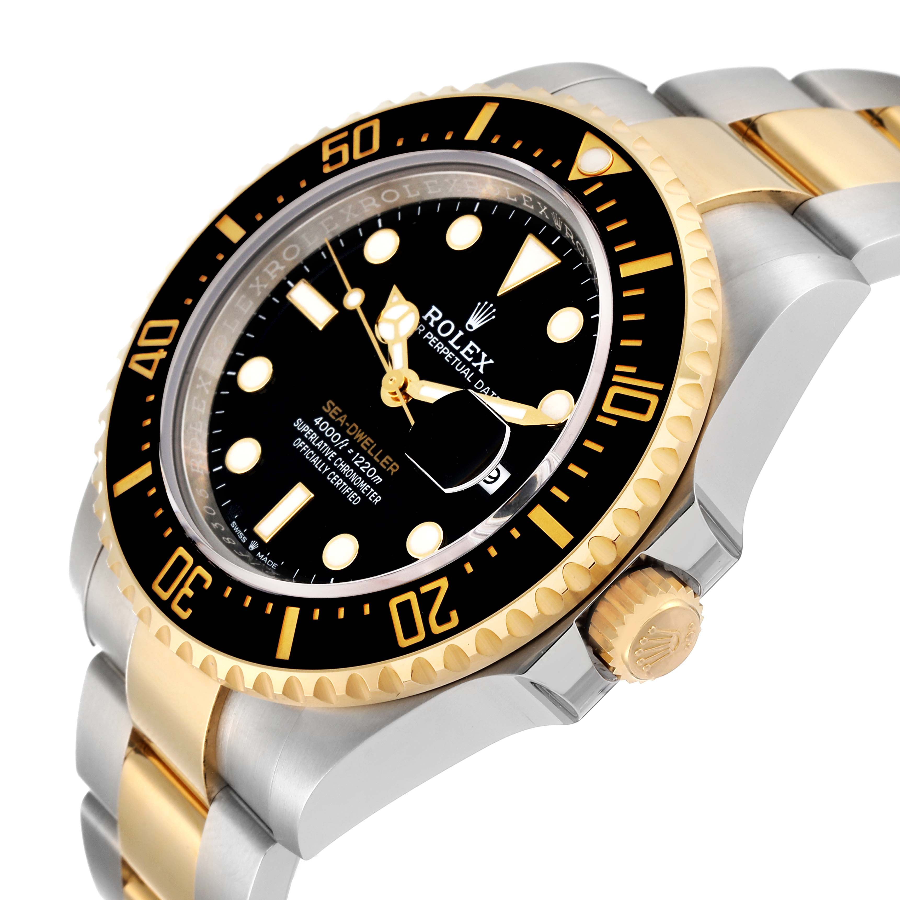 This image shows a Rolex Sea-Dweller 126603 Men
s Steel and Gold (two tone) Black Dial 126603 Men
s Steel and Gold (two tone) Black Dial watch from an oblique angle, highlighting the bezel, face, crown, and two-tone bracelet.