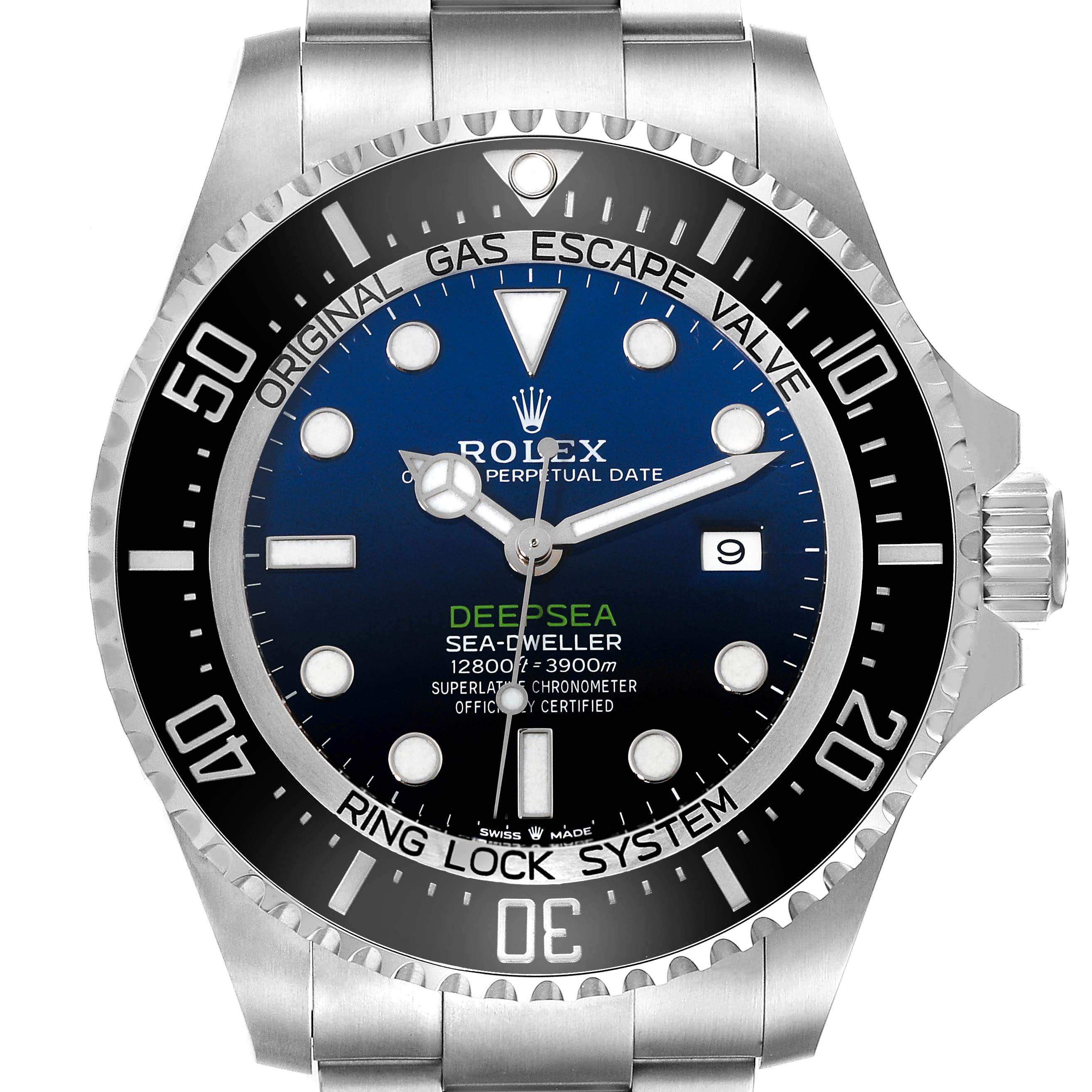This image shows a frontal view of the Rolex Sea-Dweller 126660 Men's Stainless Steel Blue Dial 126660 Men's Stainless Steel Blue Dial watch displaying the face, dial, and part of the band.