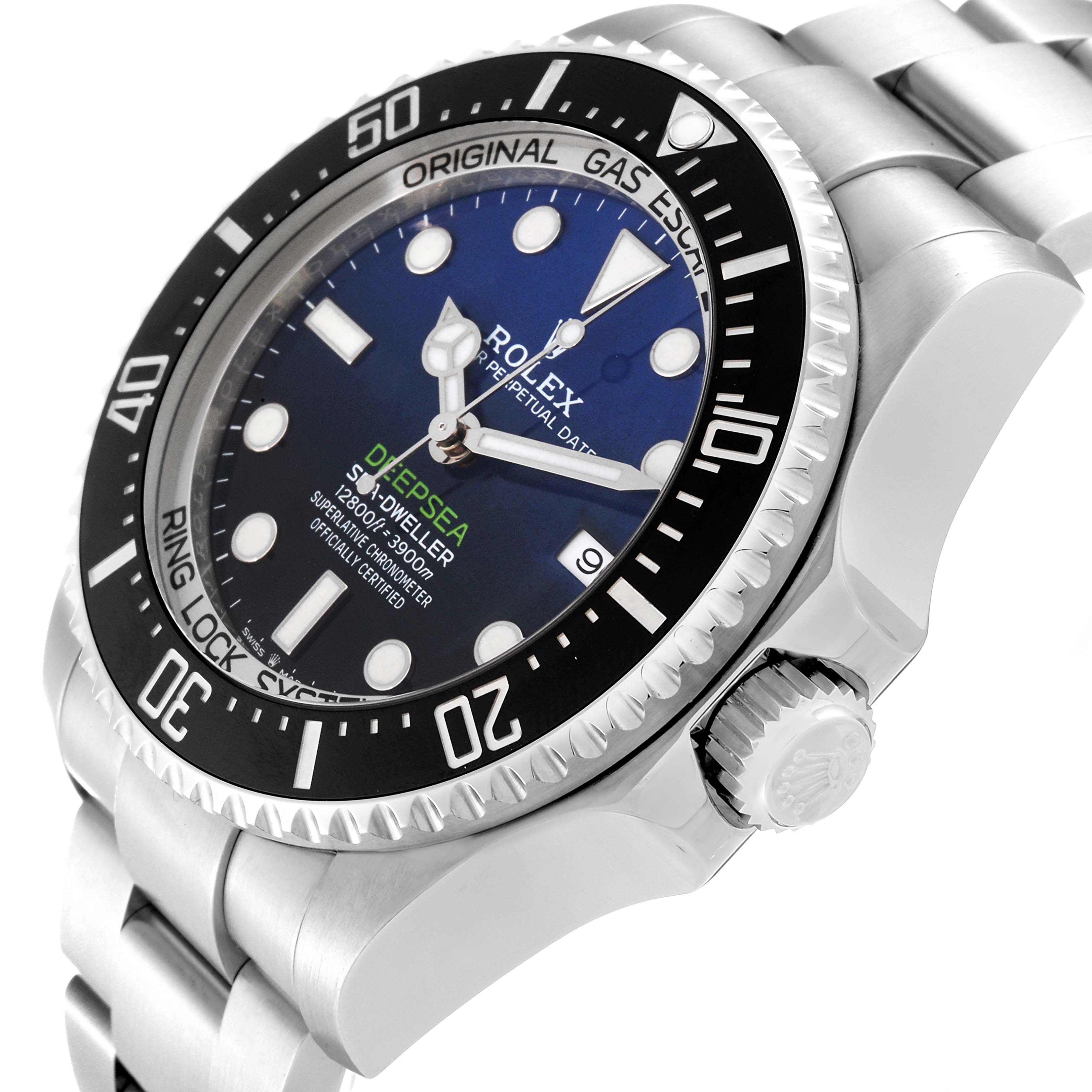 The image shows a Rolex Sea-Dweller 126660 Men's Stainless Steel Blue Dial 126660 Men's Stainless Steel Blue Dial watch at a slight angle, highlighting the dial, bezel, crown, and part of the bracelet.