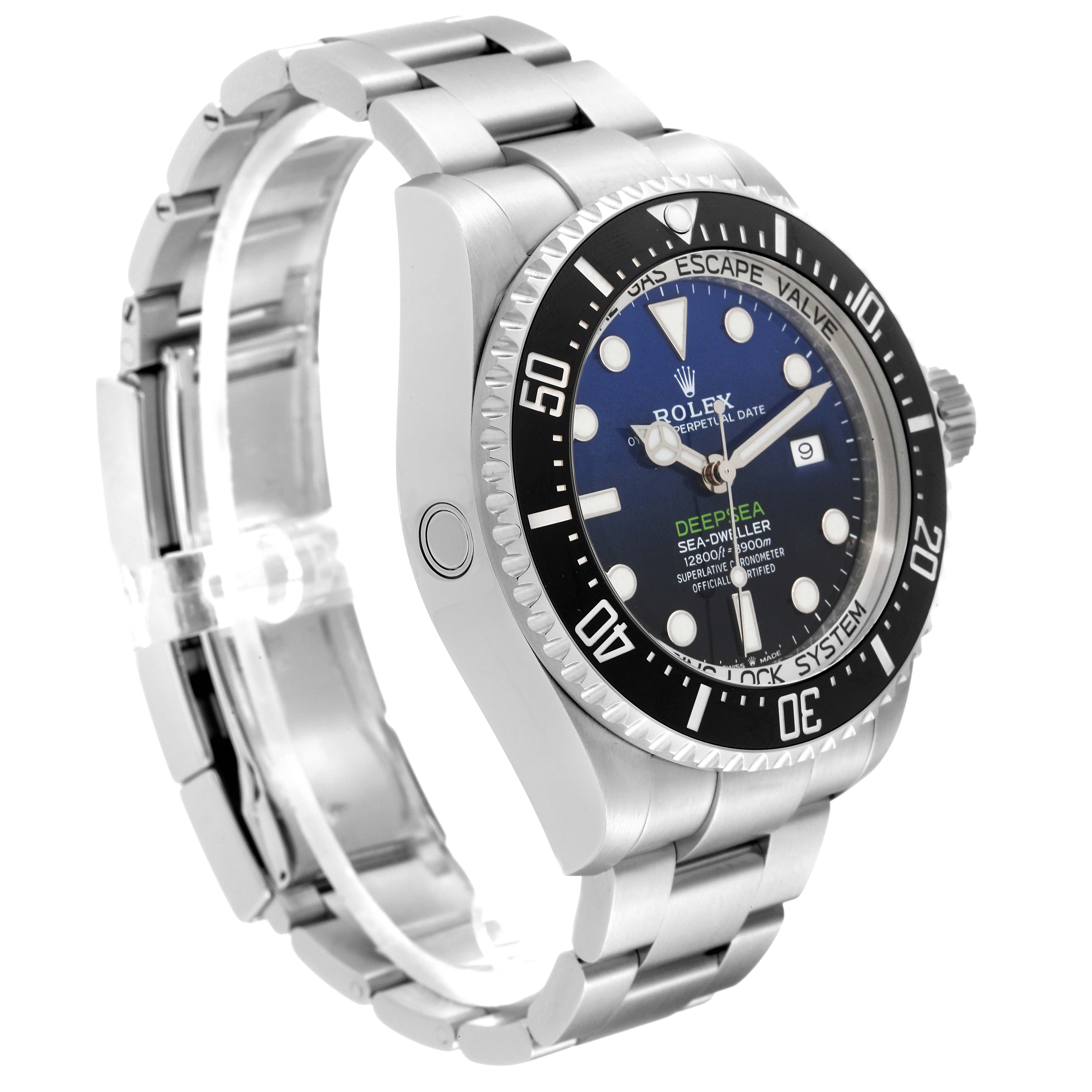 This image shows a side view of a Rolex Sea-Dweller 126660 Men's Stainless Steel Blue Dial 126660 Men's Stainless Steel Blue Dial watch, highlighting its bracelet, bezel, crown, and dial.