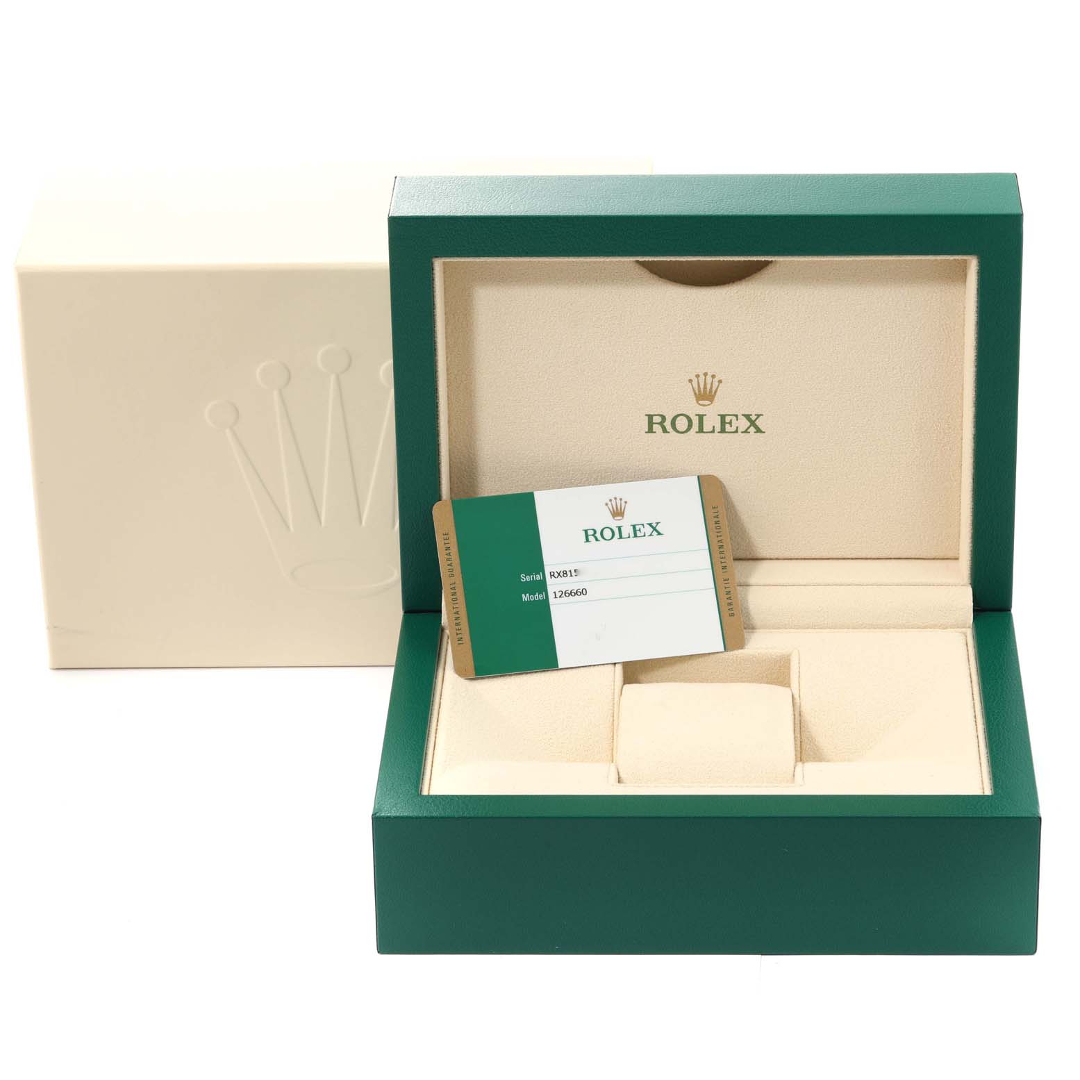 The image shows the open box for a Rolex Sea-Dweller 126660 Men's Stainless Steel Blue Dial 126660 Men's Stainless Steel Blue Dial watch, displaying the model's warranty card inside.