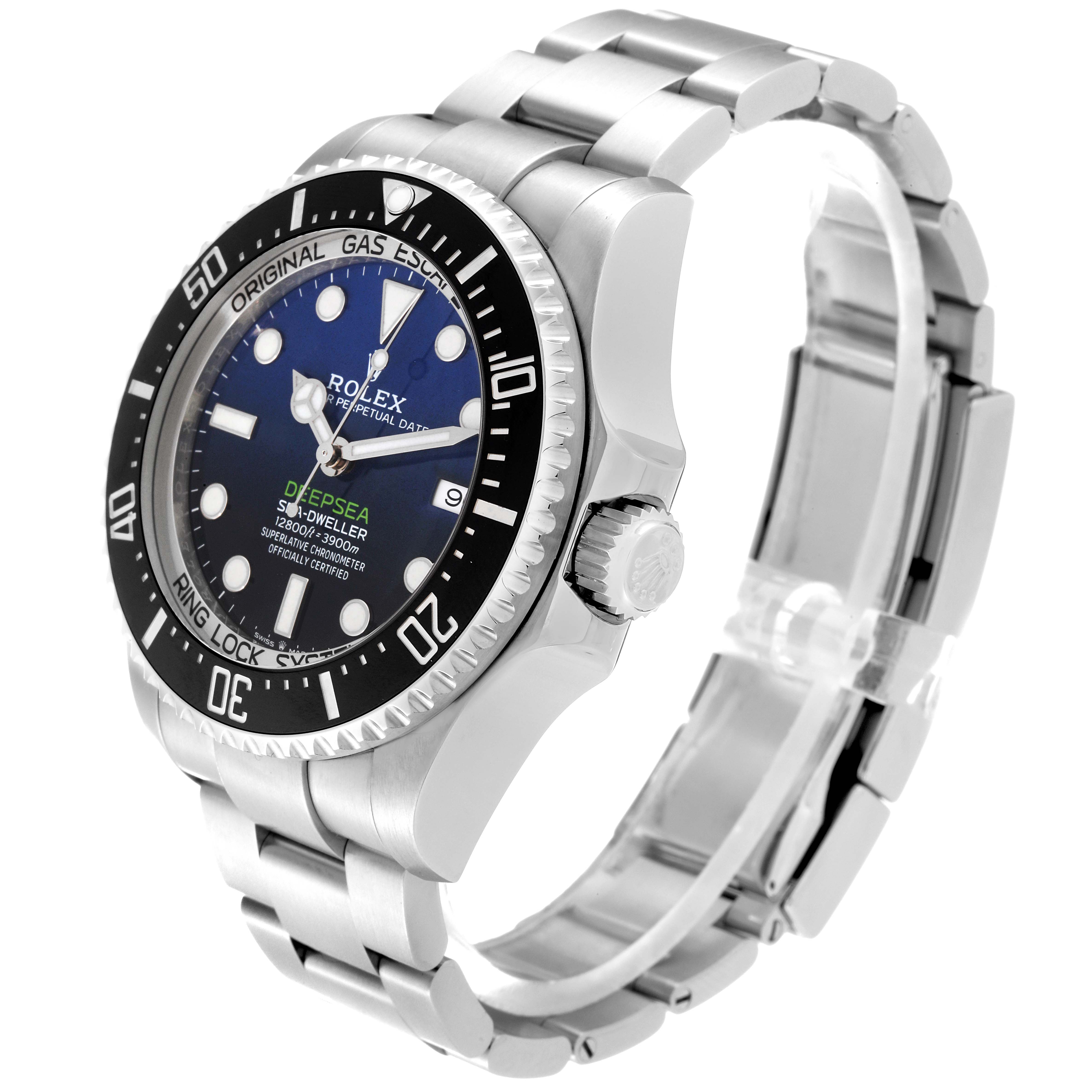 This Rolex Sea-Dweller 126660 Men's Stainless Steel Blue Dial 126660 Men's Stainless Steel Blue Dial watch is shown at an angle highlighting the face, bezel, crown, and stainless steel bracelet.