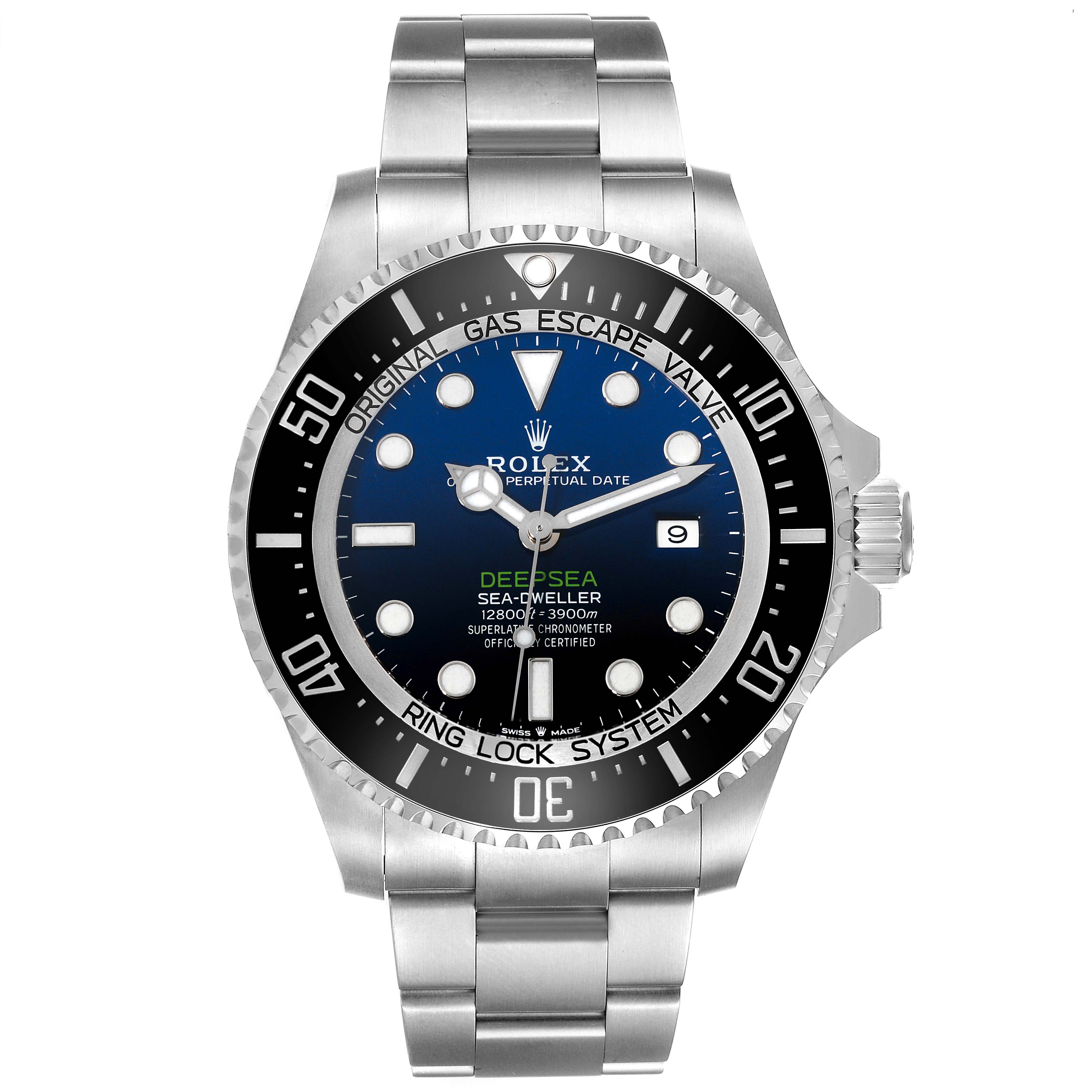 The image shows a front view of the Rolex Sea-Dweller 126660 Men's Stainless Steel Blue Dial 126660 Men's Stainless Steel Blue Dial watch, displaying the face, bezel, and part of the bracelet.
