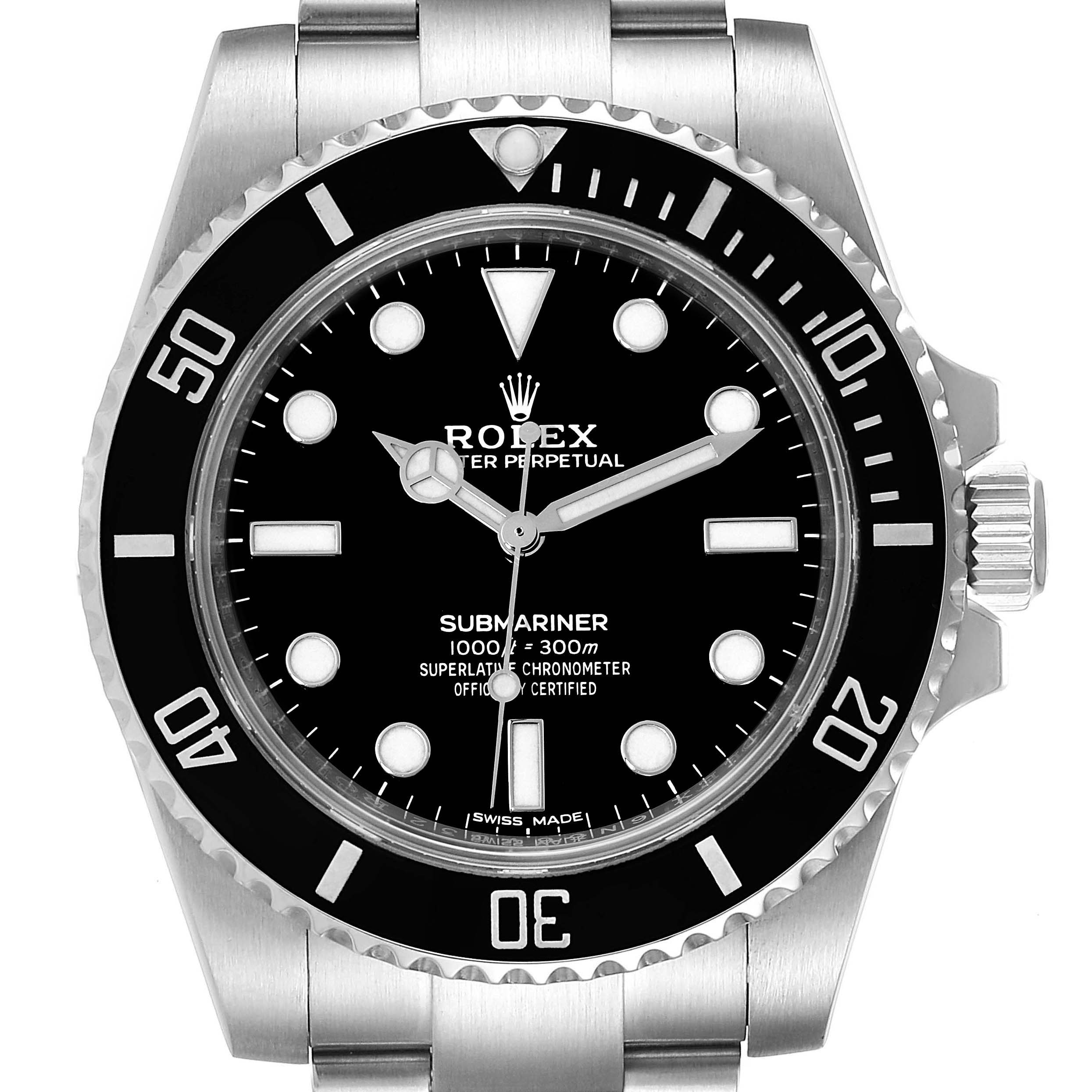 The image shows a front view of a Rolex Submariner 114060 Men
s Stainless Steel Black Dial 114060 Men
s Stainless Steel Black Dial watch, highlighting its dial, bezel, and part of the bracelet.
