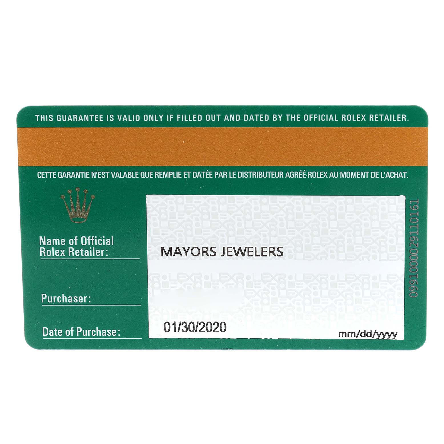 The image shows a warranty card for a Rolex Submariner 114060 Men
s Stainless Steel Black Dial 114060 Men
s Stainless Steel Black Dial watch, displaying the retailer
s name, purchase date, and guarantee details.