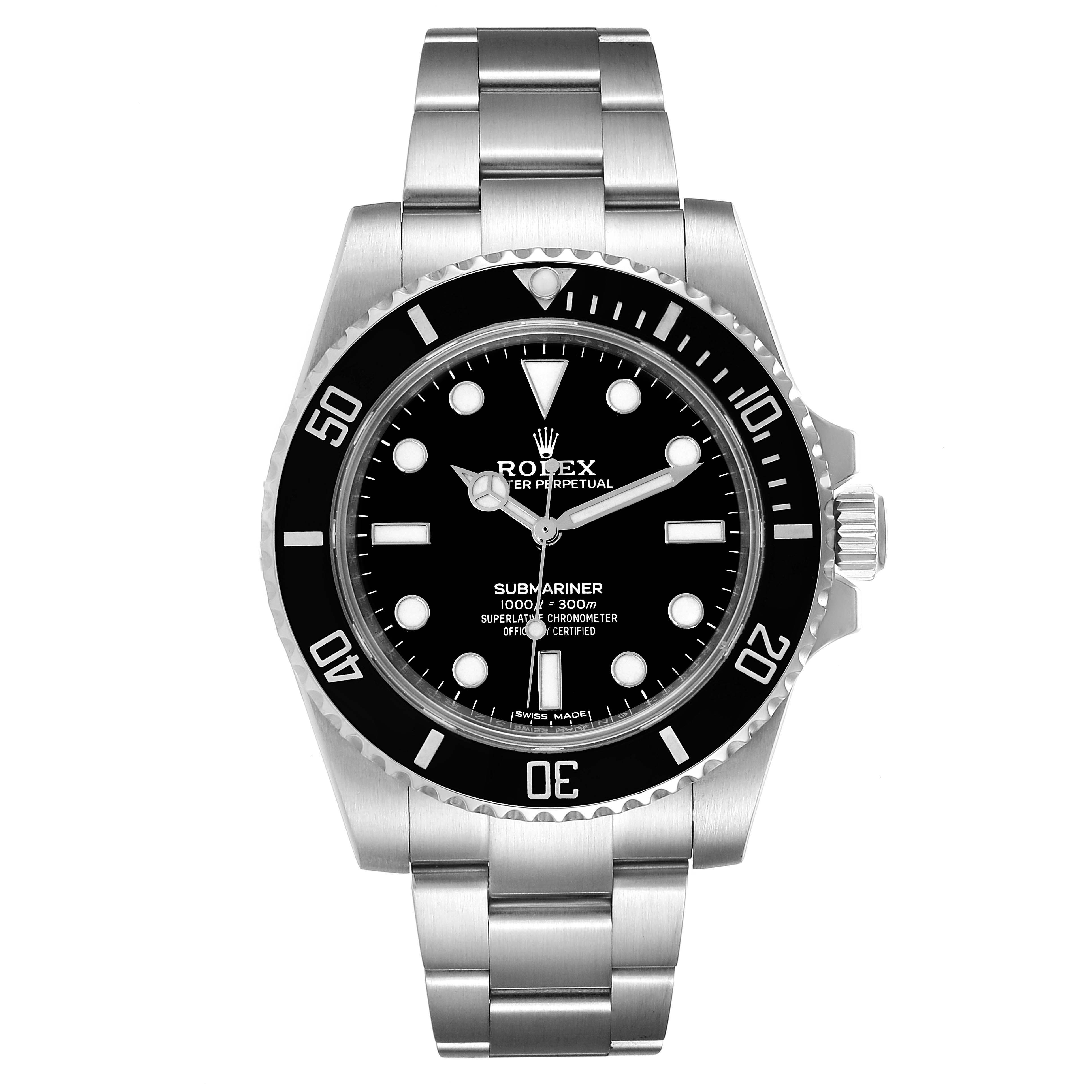 The image shows a front view of a Rolex Submariner 114060 Men
s Stainless Steel Black Dial 114060 Men
s Stainless Steel Black Dial watch, highlighting its black dial, bezel, and stainless steel bracelet.