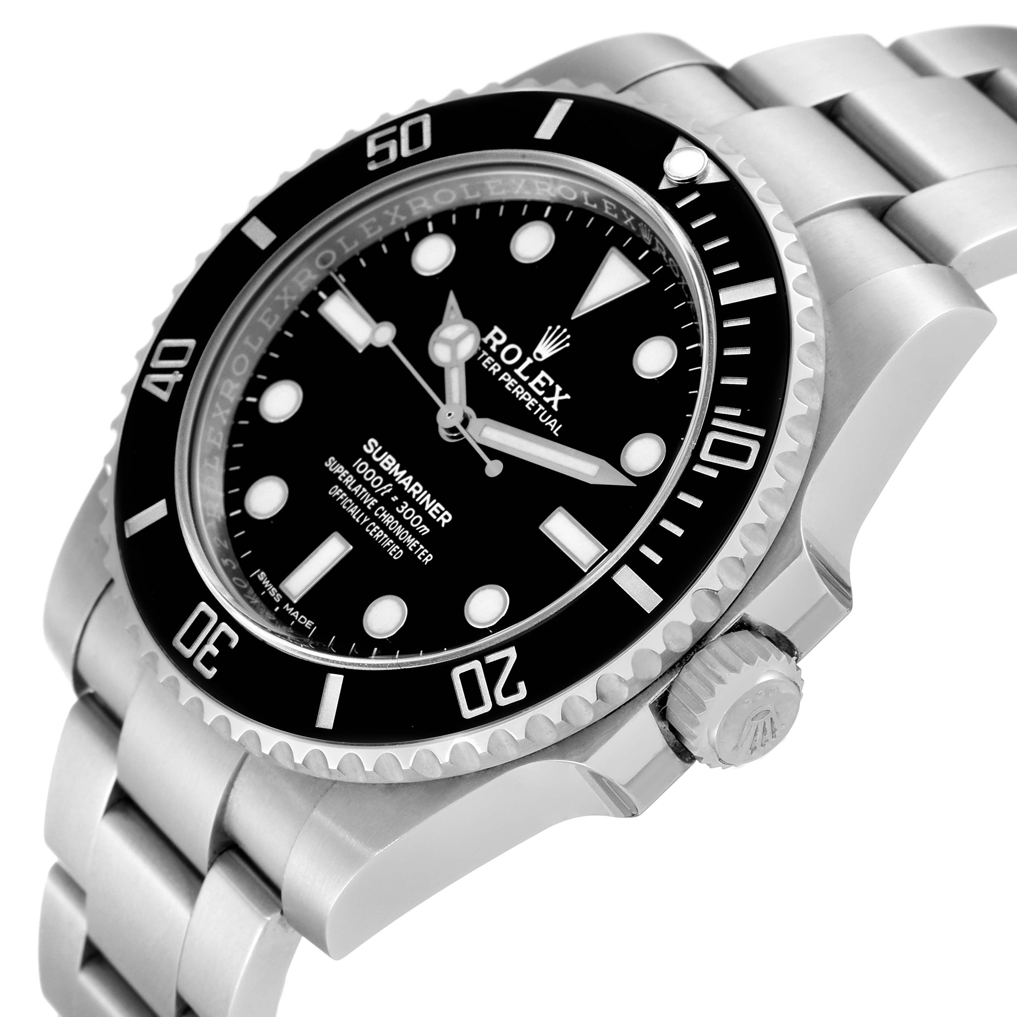 The image shows the dial, bezel, crown, and bracelet of a Rolex Submariner 114060 Men
s Stainless Steel Black Dial 114060 Men
s Stainless Steel Black Dial watch at an angle.