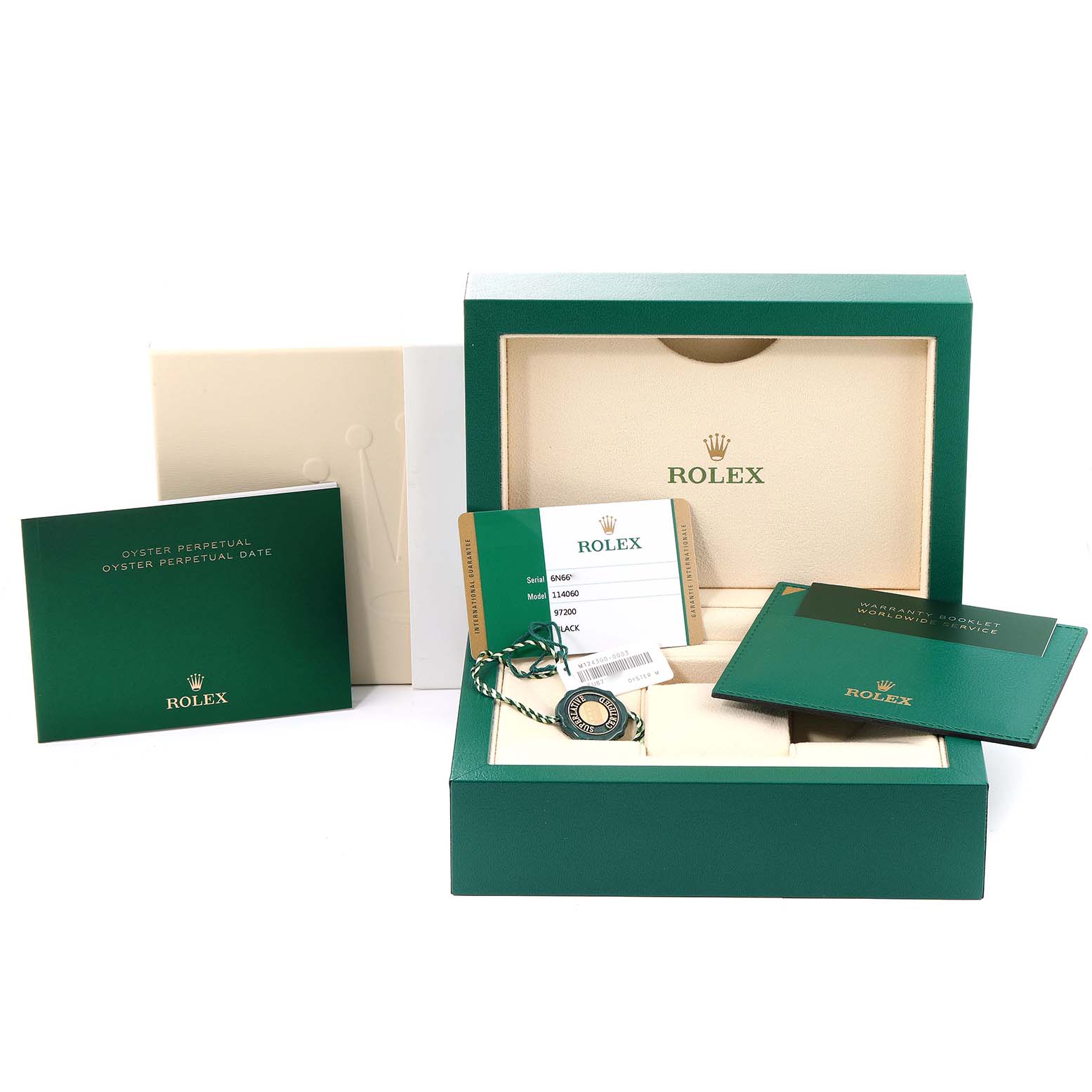 The image shows a Rolex Submariner 114060 Men
s Stainless Steel Black Dial 114060 Men
s Stainless Steel Black Dial box, warranty card, booklet, and hang tags, viewed from the front.