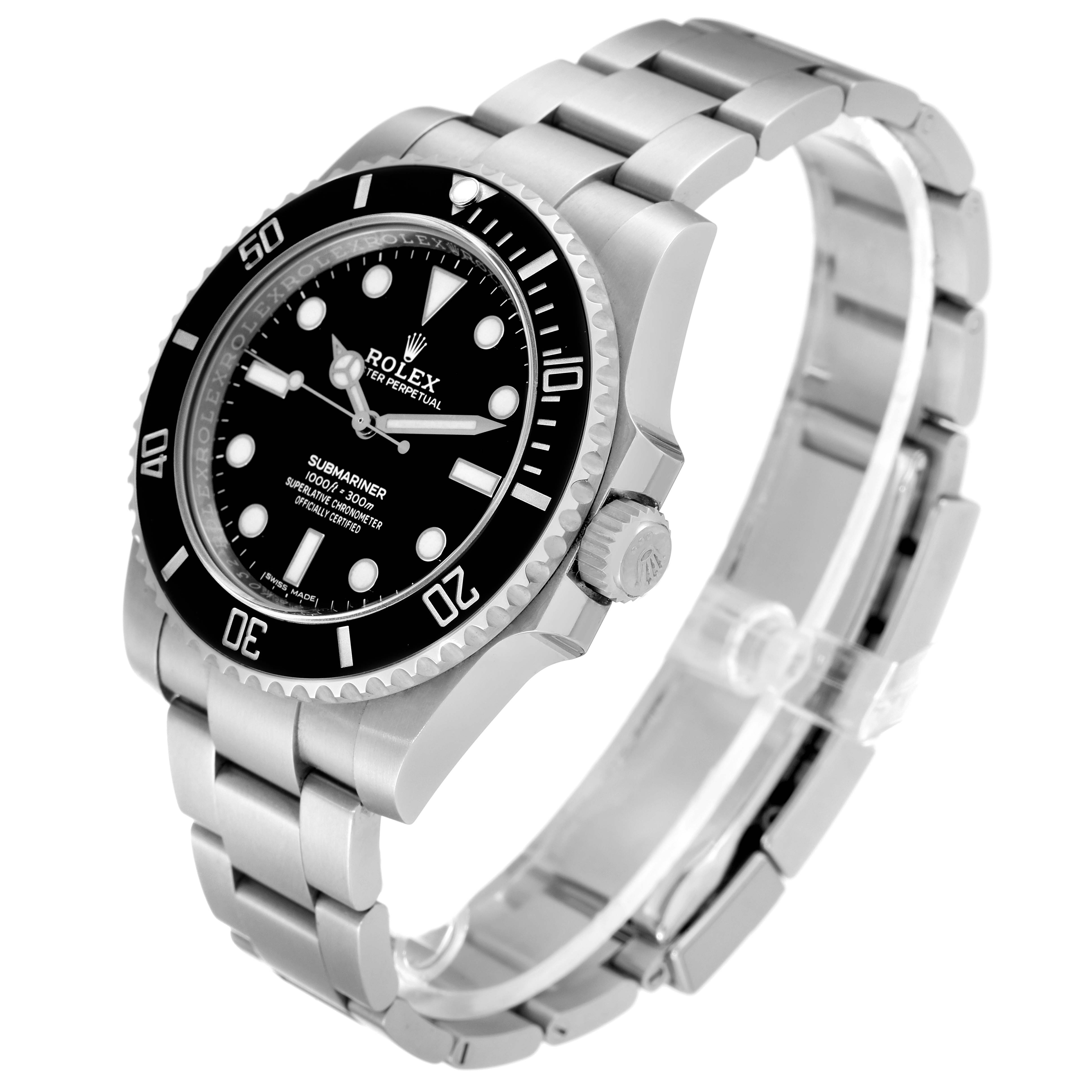 The Rolex Submariner 114060 Men
s Stainless Steel Black Dial 114060 Men
s Stainless Steel Black Dial watch is shown at a three-quarter angle, highlighting its black dial, rotatable bezel, and stainless steel bracelet.