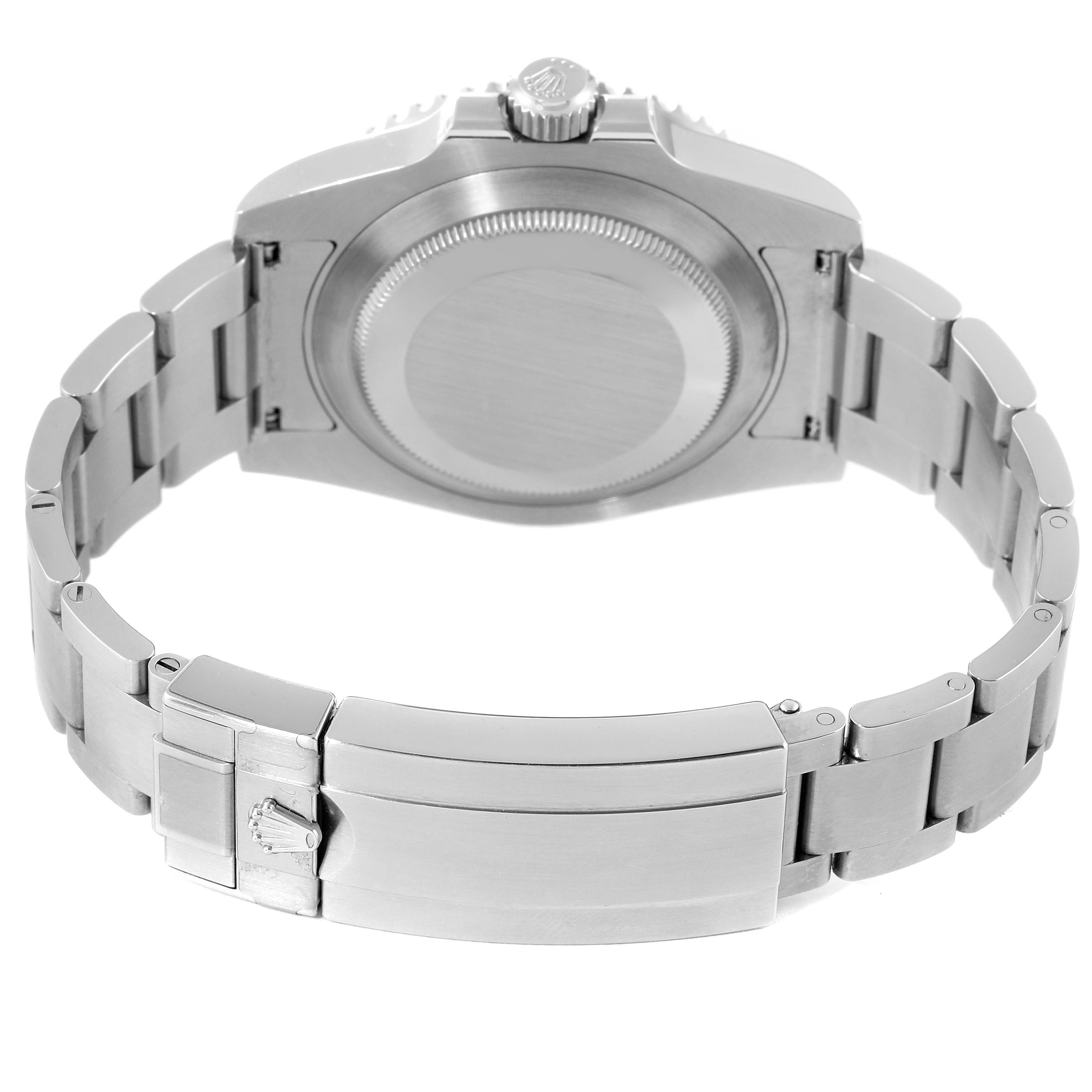 The image shows the back view of a Rolex Submariner 114060 Men
s Stainless Steel Black Dial 114060 Men
s Stainless Steel Black Dial, highlighting its case back, crown, and clasped bracelet.