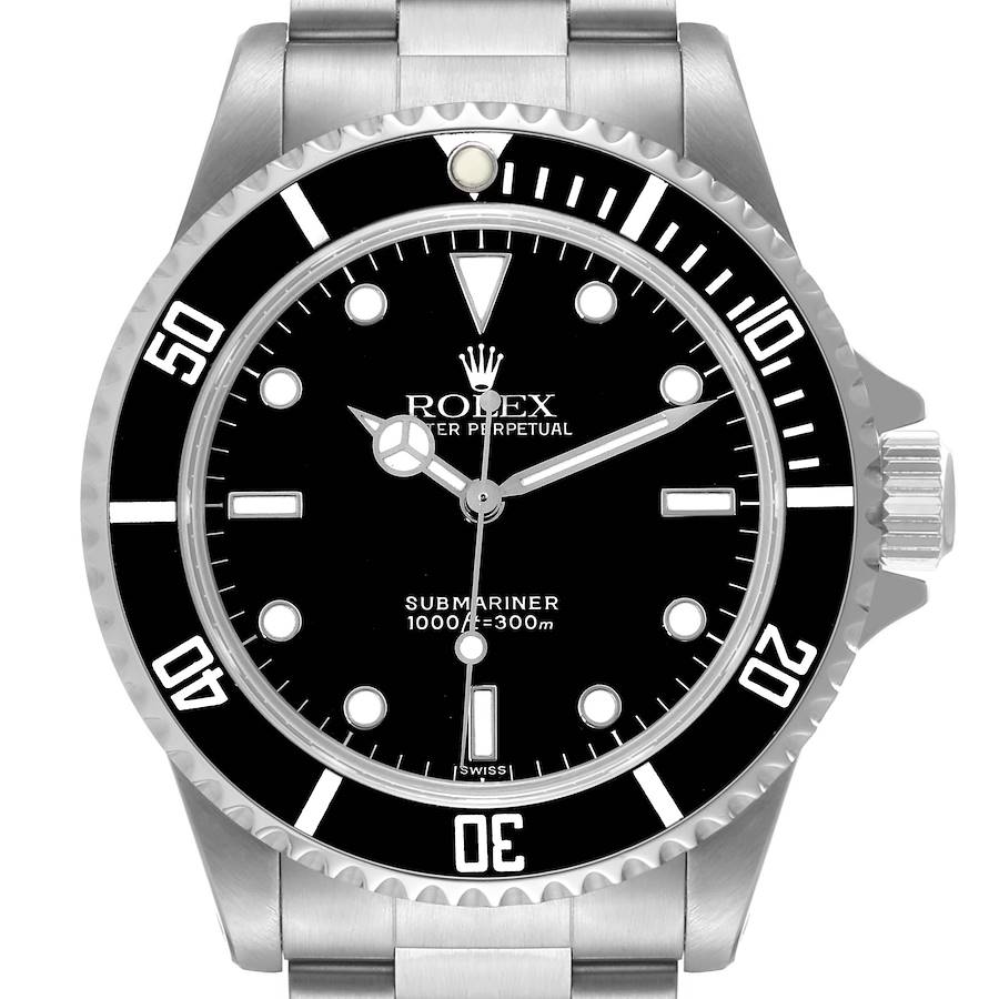 The Rolex Submariner watch is shown from a frontal angle, highlighting the bezel, dial, hands, and bracelet.