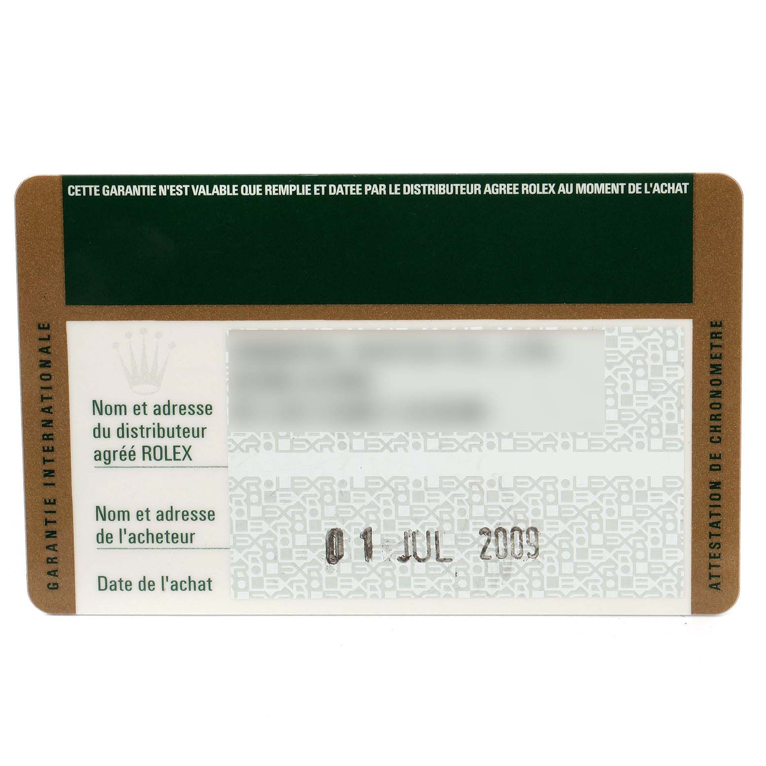 This image shows the international warranty card for a Rolex Submariner 16610 Men
s Stainless Steel Black Dial 16610 Men
s Stainless Steel Black Dial.