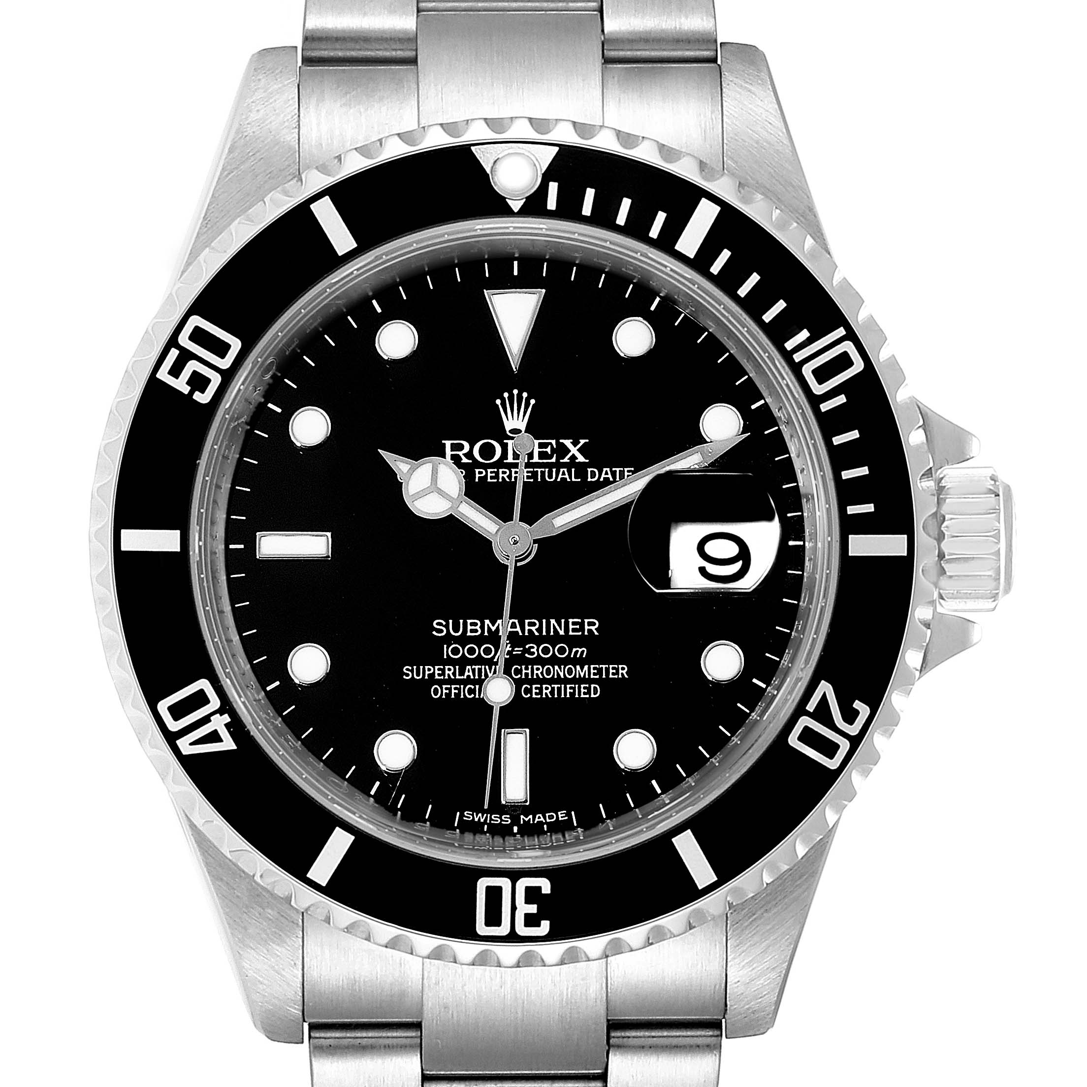 This is a front view of a Rolex Submariner 16610 Men
s Stainless Steel Black Dial 16610 Men
s Stainless Steel Black Dial watch, showing the face, bezel, and part of the bracelet.