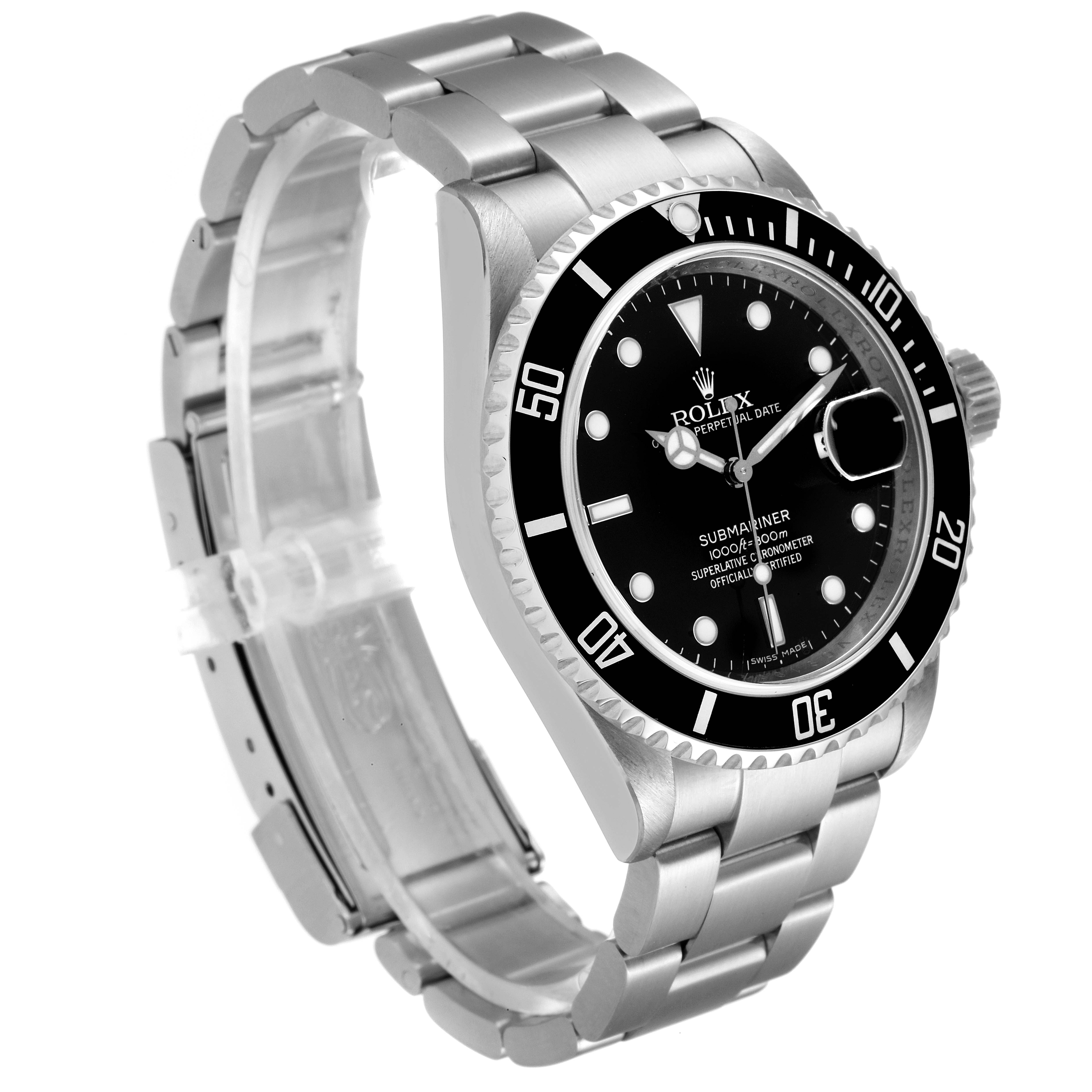 The Rolex Submariner 16610 Men
s Stainless Steel Black Dial 16610 Men
s Stainless Steel Black Dial watch is shown at an angled view highlighting its black dial, bezel, and stainless steel bracelet.
