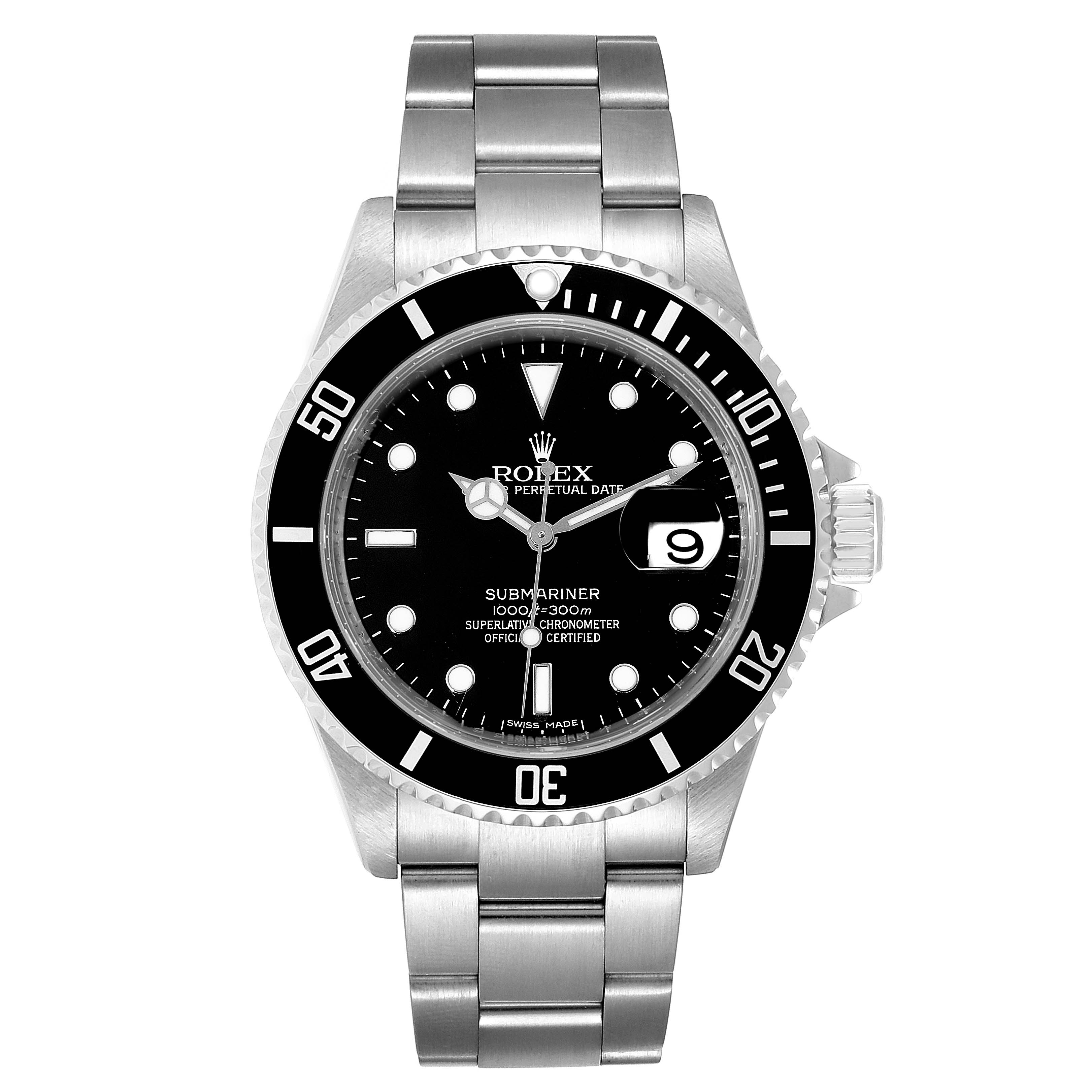 The image shows a front view of a Rolex Submariner 16610 Men
s Stainless Steel Black Dial 16610 Men
s Stainless Steel Black Dial watch, displaying the dial, bezel, and bracelet.