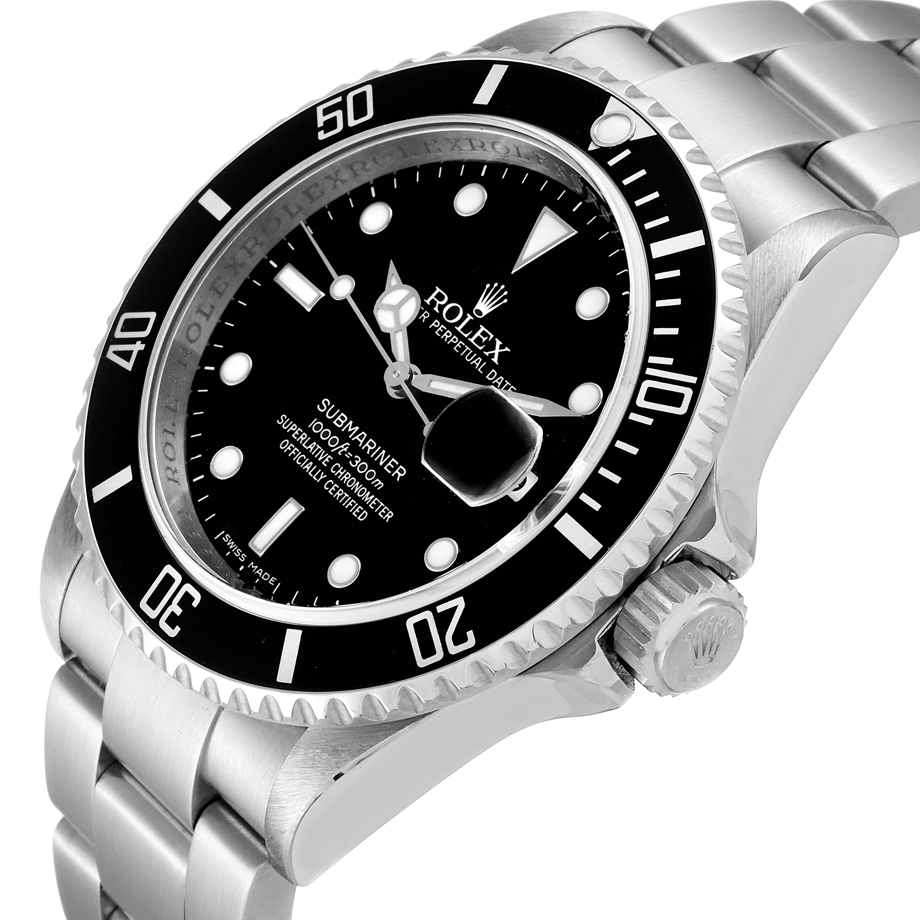 This image shows a Rolex Submariner 16610 Men
s Stainless Steel Black Dial 16610 Men
s Stainless Steel Black Dial watch at an angled view, highlighting its dial, bezel, and stainless steel bracelet.