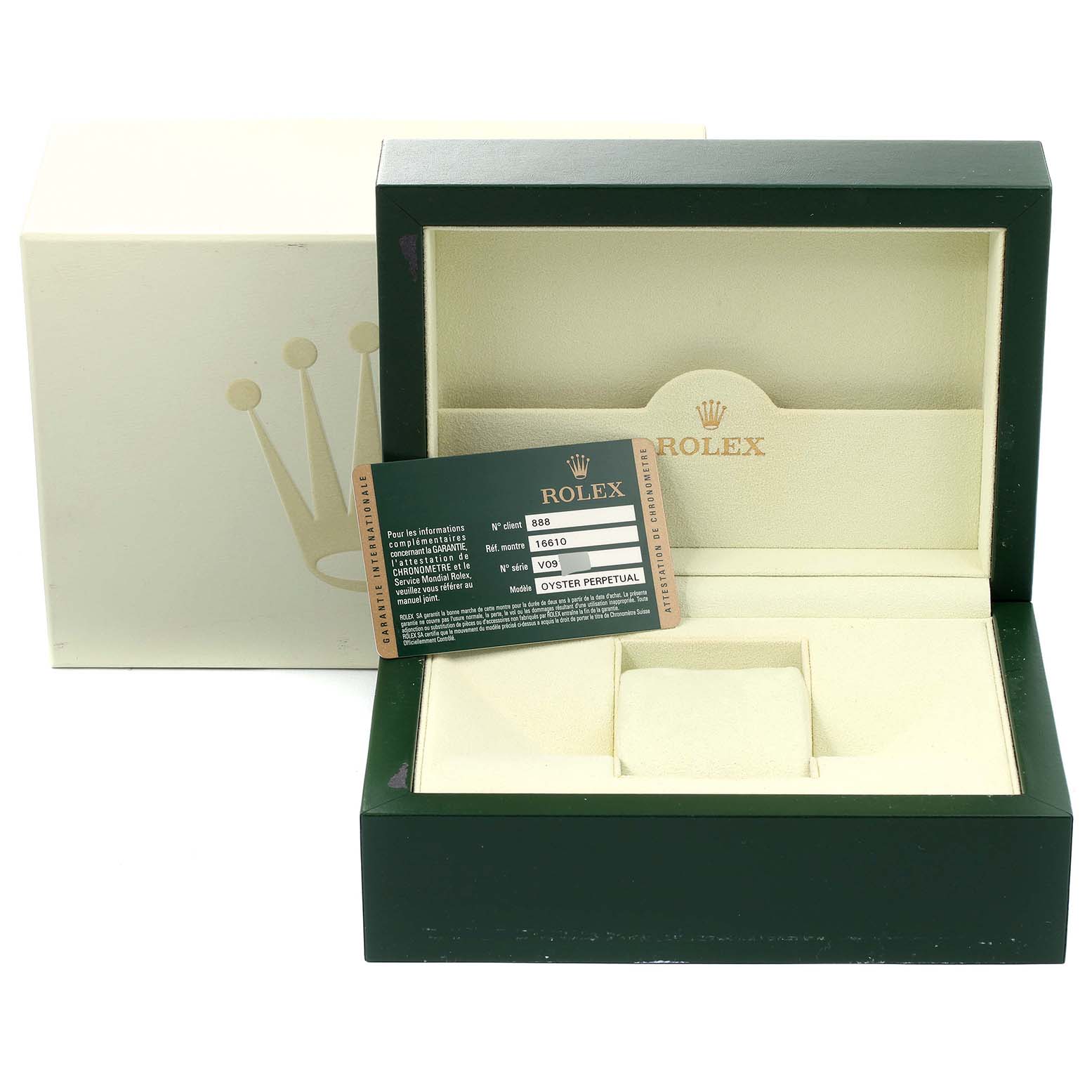 The image shows an open Rolex Submariner 16610 Men
s Stainless Steel Black Dial 16610 Men
s Stainless Steel Black Dial watch box, an outer box, and a certification card, viewed from the front.