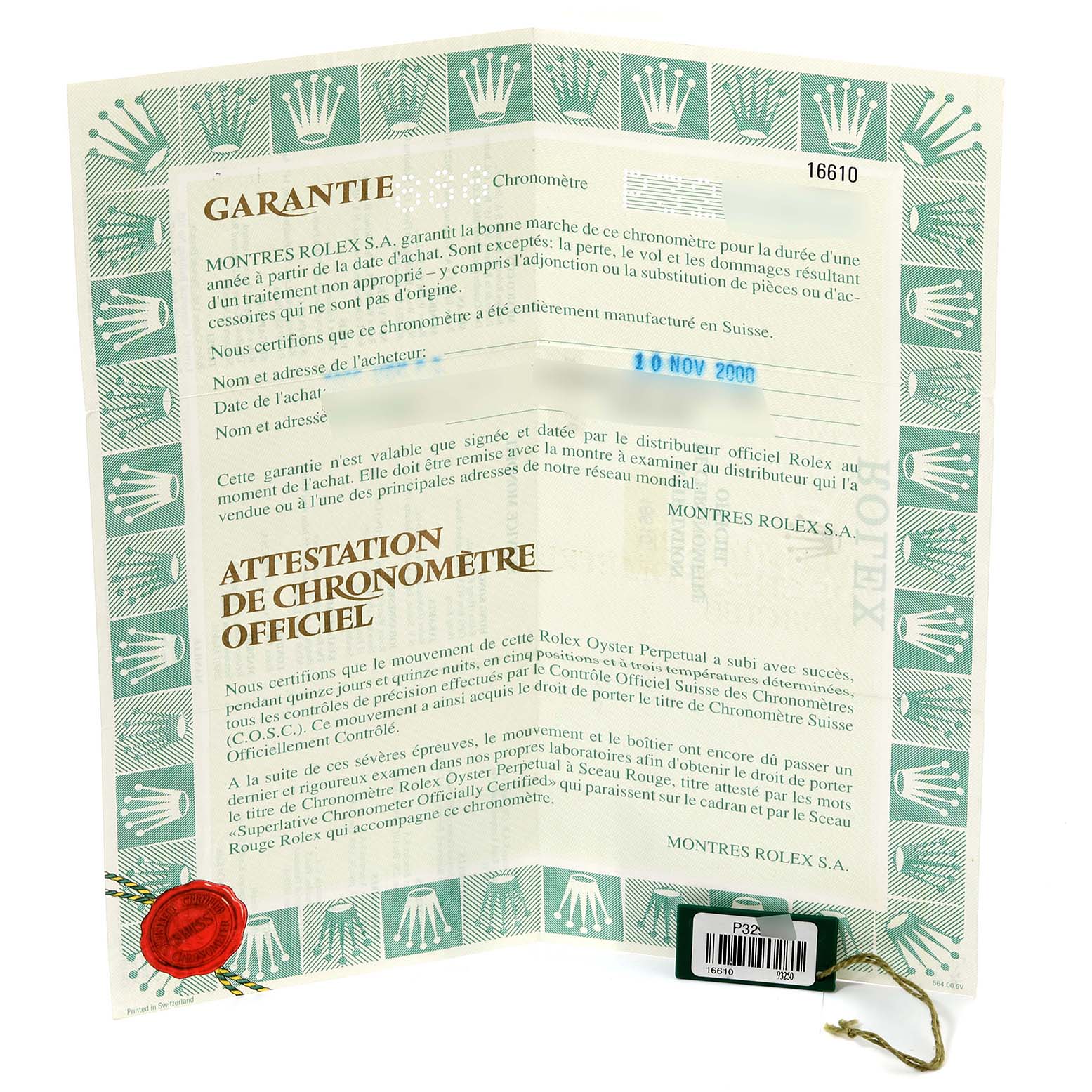 This image shows the warranty and chronometer certificate documents for the Rolex Submariner 16610 Men
s Stainless Steel Black Dial 16610 Men
s Stainless Steel Black Dial watch model.