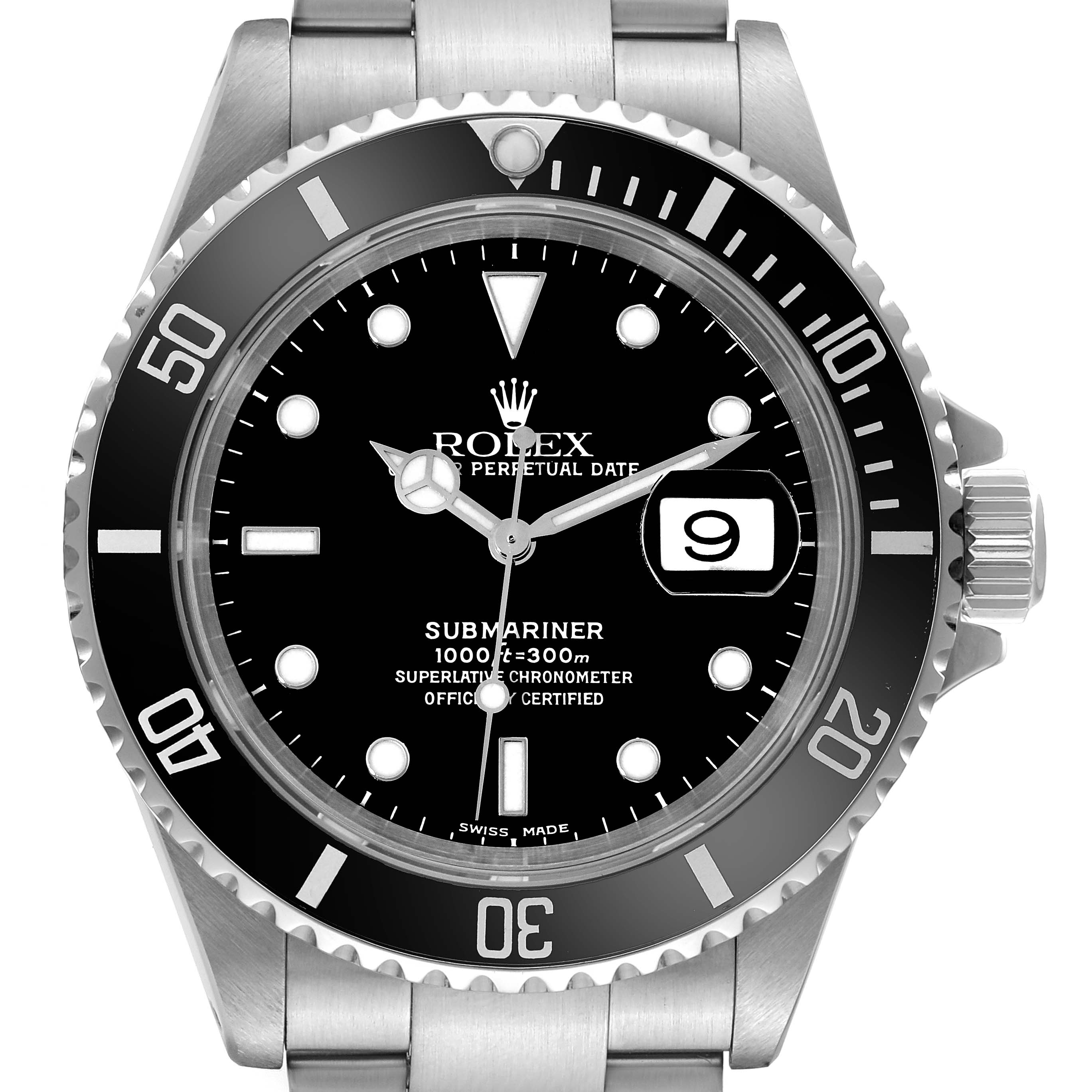 The Rolex Submariner 16610 Men
s Stainless Steel Black Dial 16610 Men
s Stainless Steel Black Dial watch is shown from a front angle, displaying its dial, bezel, crown, and part of the bracelet.