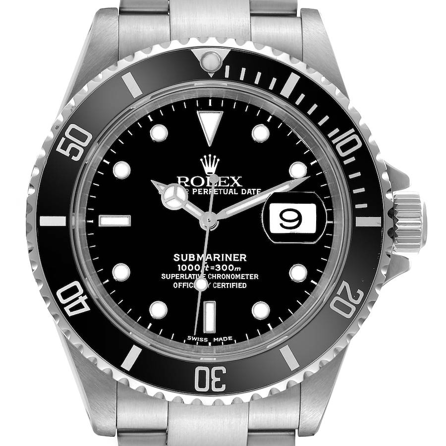 The Rolex Submariner watch is shown from a front angle, displaying its dial, bezel, crown, and part of the bracelet.