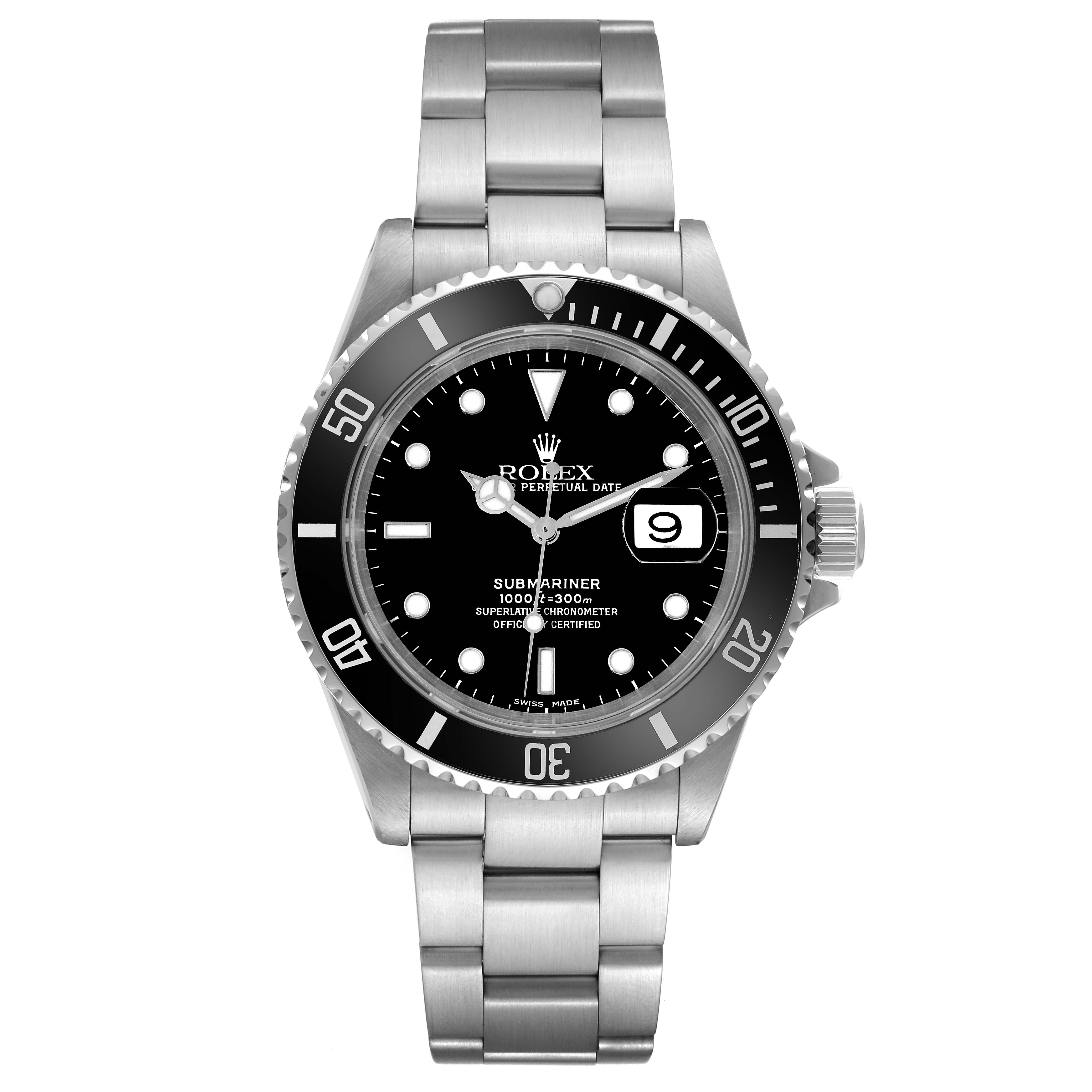 The image shows a frontal view of a Rolex Submariner 16610 Men
s Stainless Steel Black Dial 16610 Men
s Stainless Steel Black Dial watch, displaying the dial, bezel, case, and bracelet.