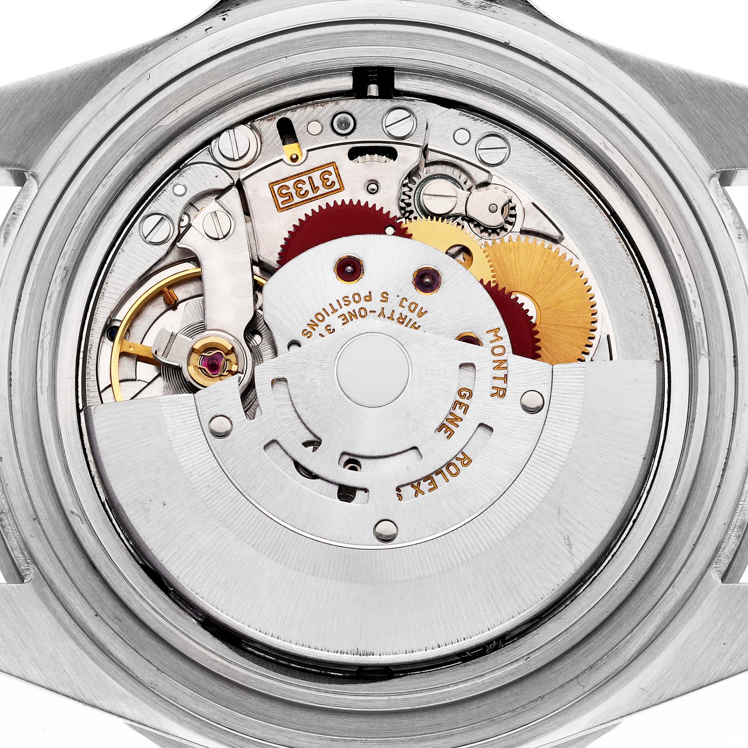 The image shows the movement mechanism of a Rolex Submariner 16610 Men
s Stainless Steel Black Dial 16610 Men
s Stainless Steel Black Dial watch from a rear view angle.